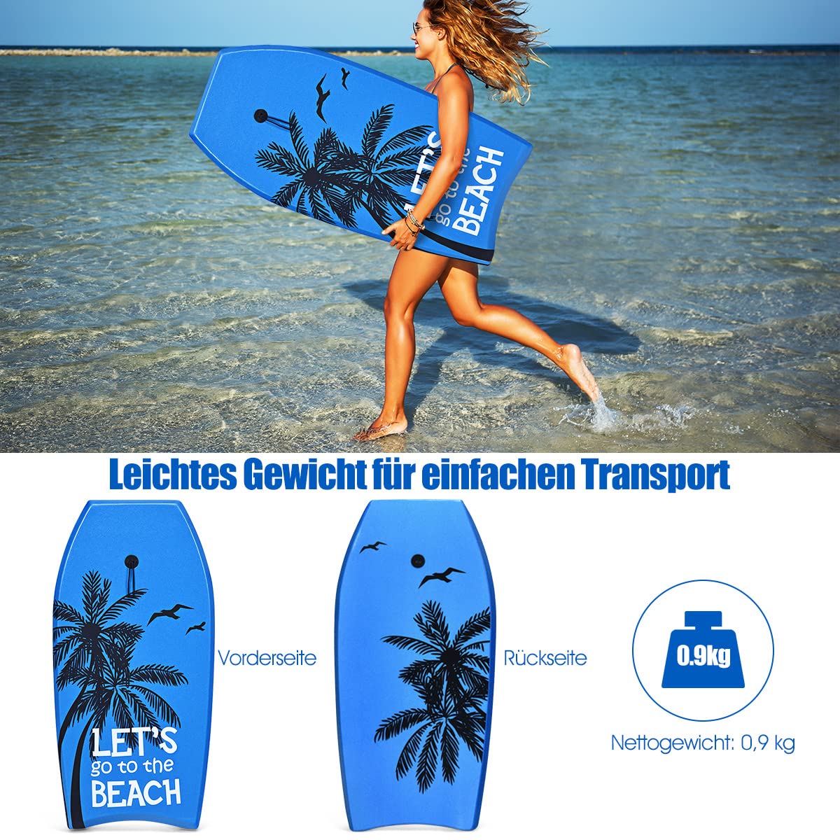 DREAMADE Bodyboard mit 90 cm Sicherheitsleine, bis zu 85kg belastbar, Surfbrett aus XPE & HDPE &EPS, Surfboard für Erwasche & Kinder ab 14, 105x51x6cm