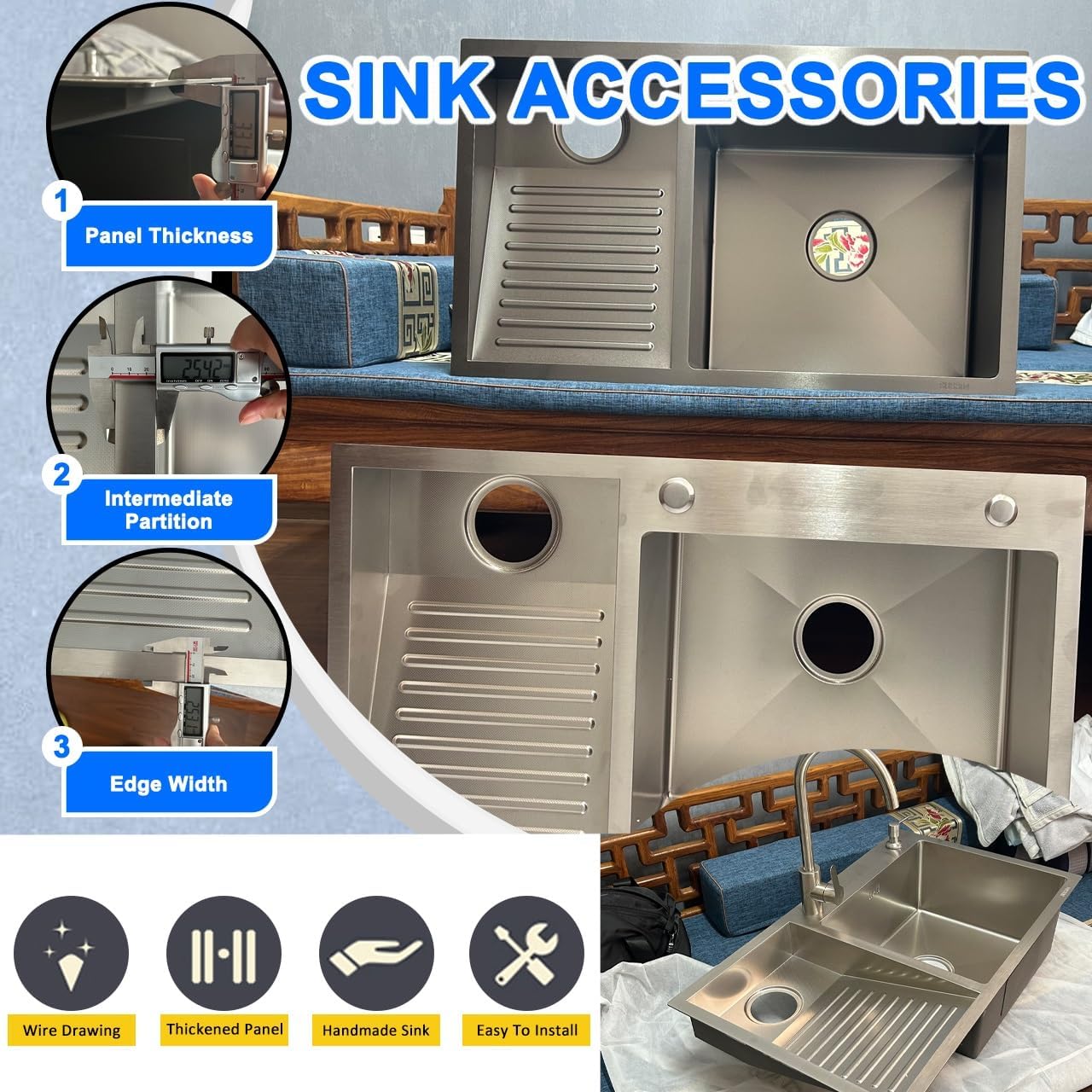 DSMRLEOP Premium SUS 304 Stainless Steel Double Bowl Sink, Utility Room & Laundry Sinks - with Built-In Washboard, Easy-Clean for Bathroom, Kitchen, and Balcony - Durable, Versatile & Scratch-Resistan