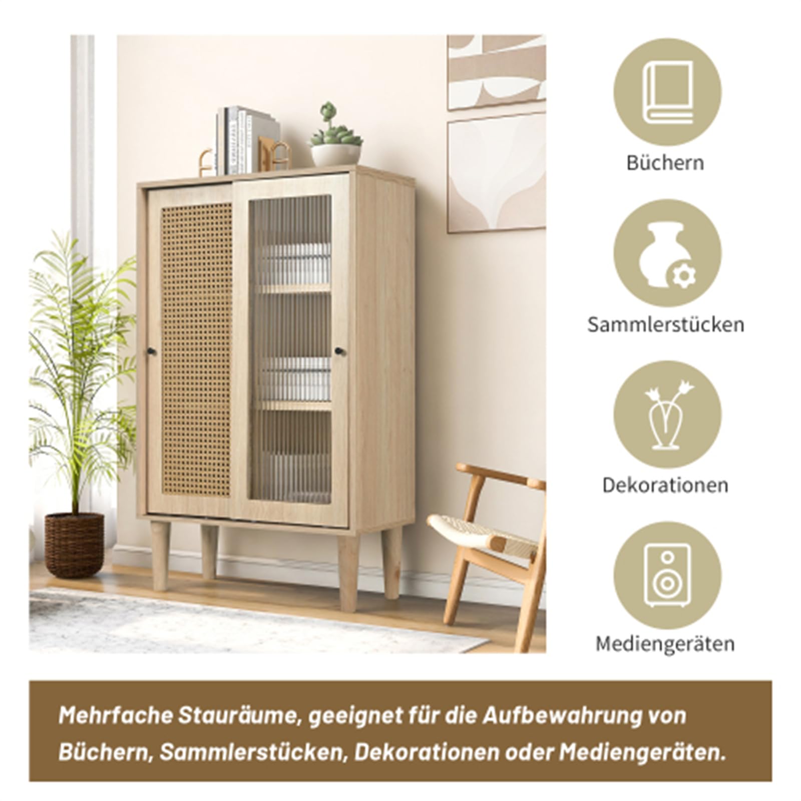 Credenza in Legno Alta 100 Cm con Anta in Rattan di Plastica E Anta Scorrevole in Vetro, Mobile da Ingresso con Spazio Multifunzionale per Riporre Oggetti