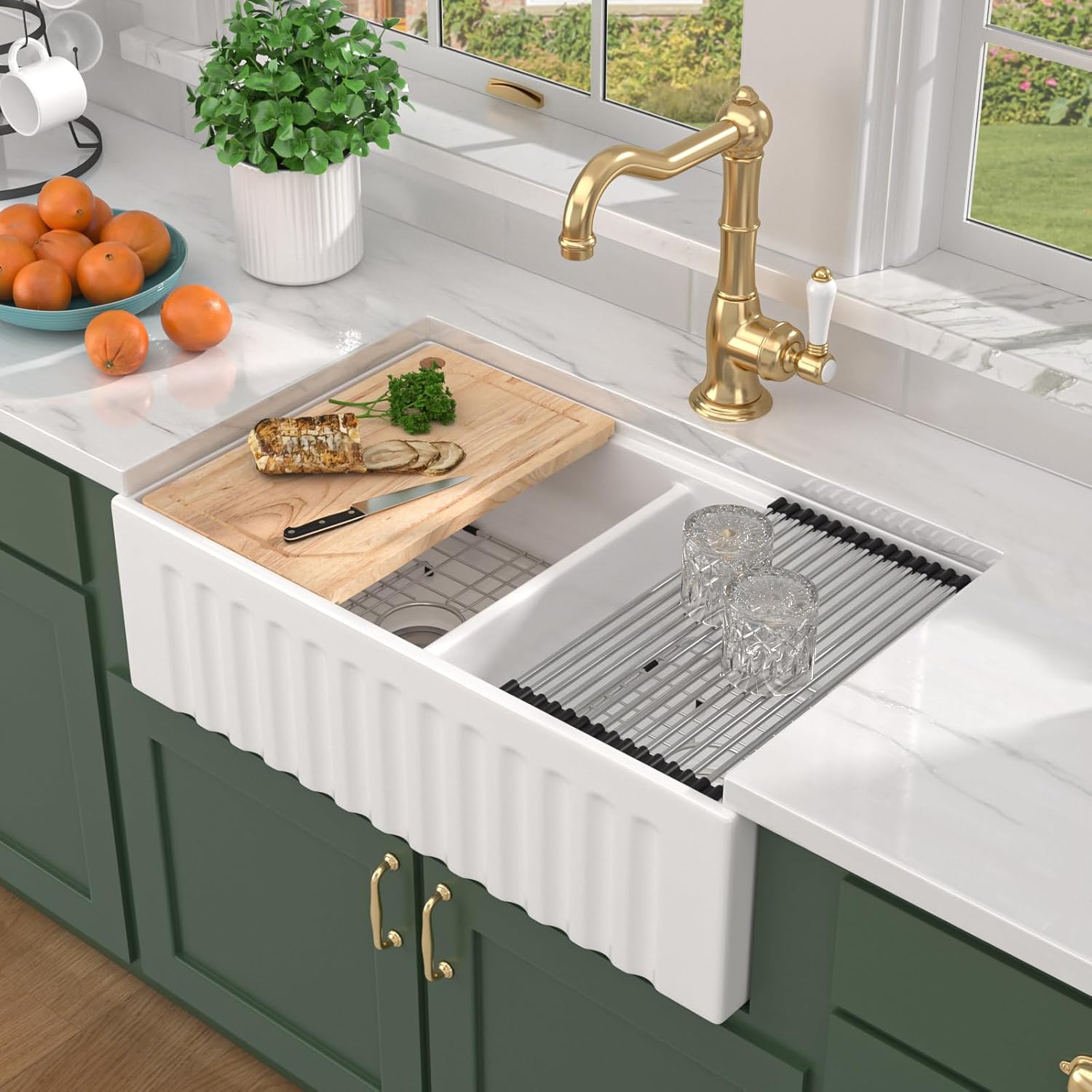 White Farmhouse Sink 33 Inch - Double Bowl Workstation Fireclay Farmhouse Kitchen Sink 50/50 Reversible Apron Front Country Style Barn Farmer Sinks #TLAC-0054