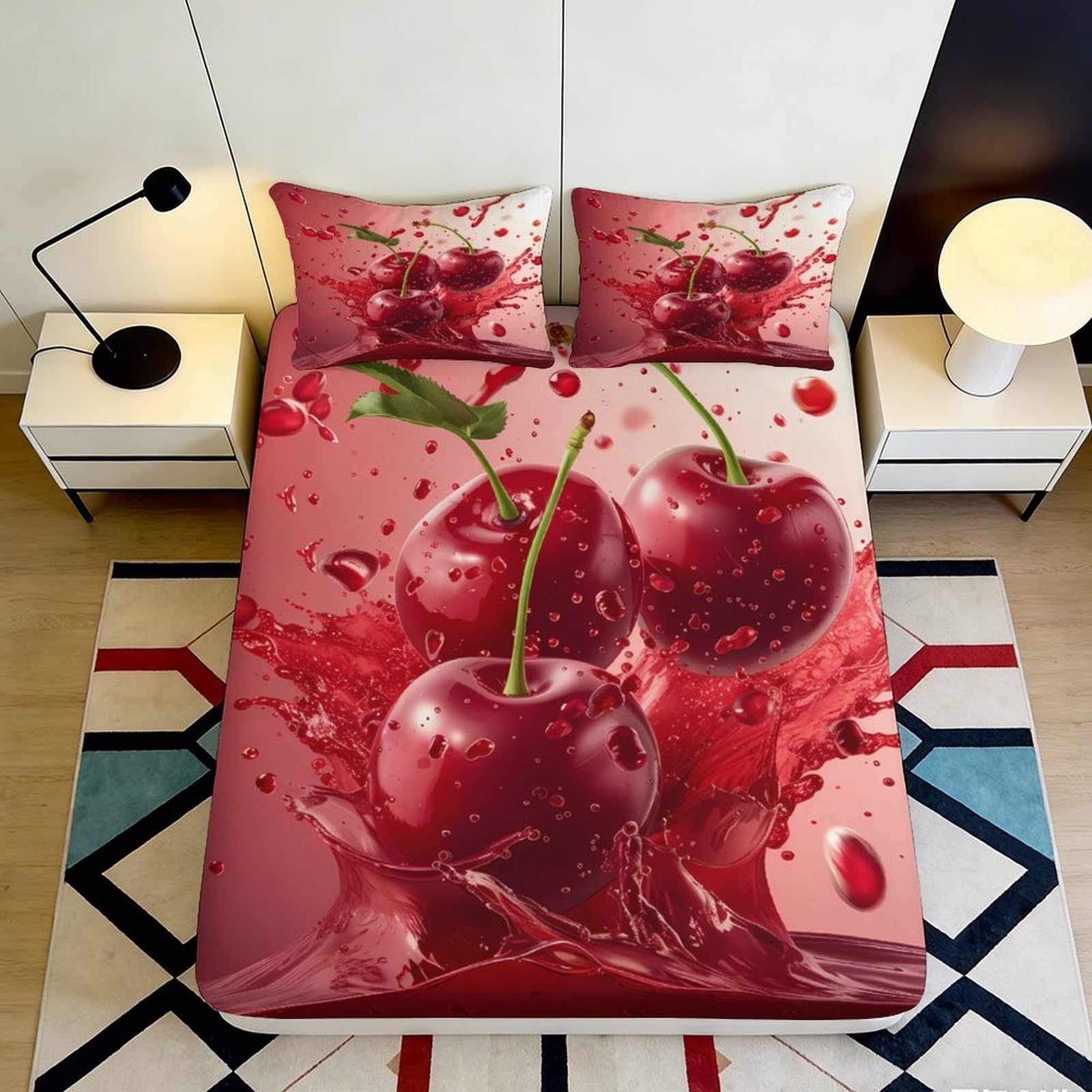 3D Printed Cherry Splash Fitted Sheet Microfiber Red Fruit Mattress Cover Anti-Slip Machine Washable for Bedroom Dorm Decor 120x200cm 90x200x25cm