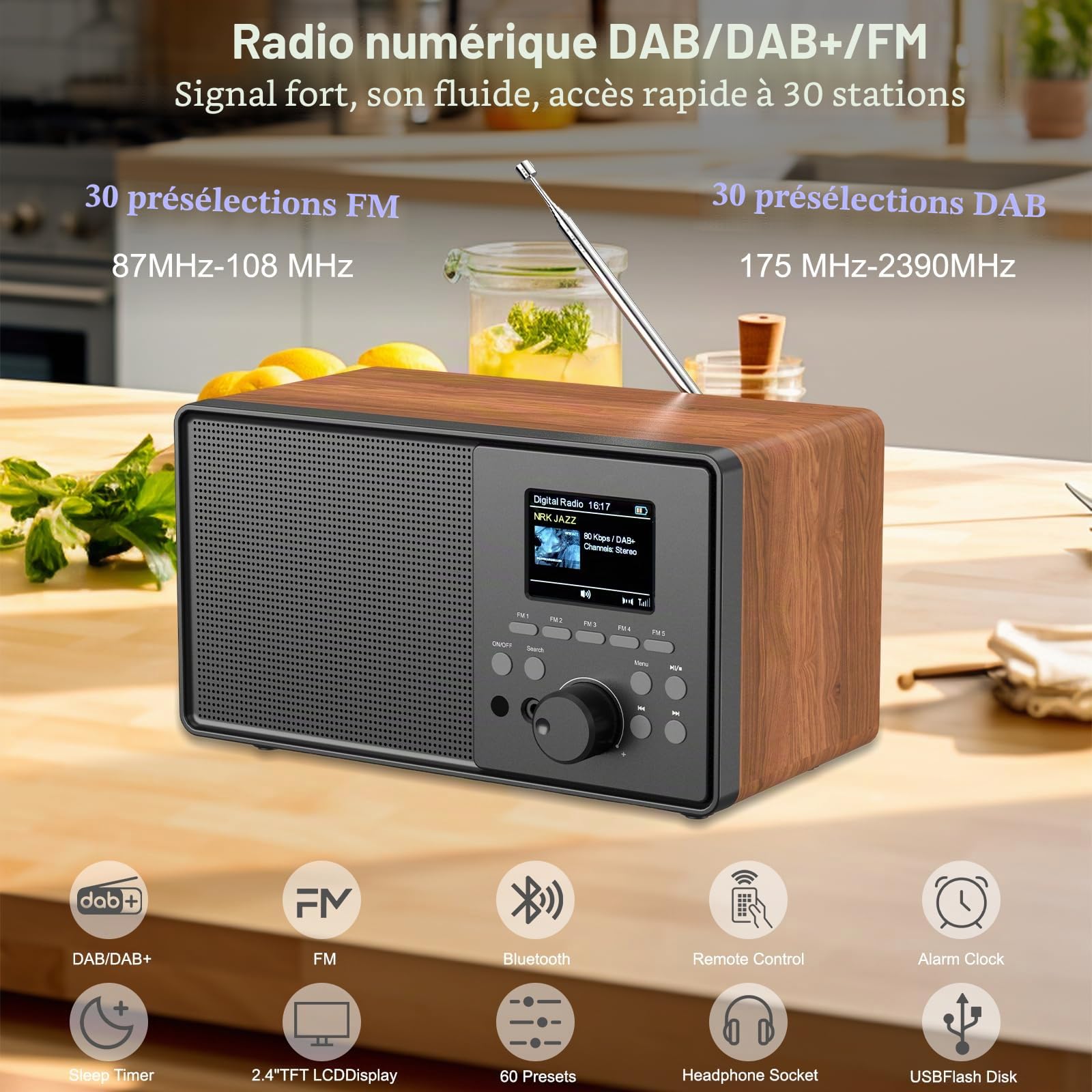 Radio rétro HABOWN Dab+/Dab avec Bluetooth 5.0 et télécommande, Design nostalgique avec écran Couleur 2,4 Pouces, Double réveil + 30 Stations préréglées, USB/AUX, minuterie de Mise en Veille, Radio d