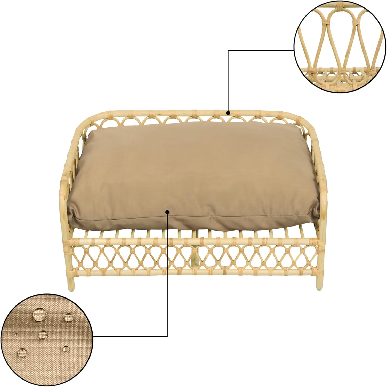 DBD1005B Elevated Pet Daybed 27.5" x 17", Handwoven Rattan Dog & Cat Bed with Machine Washable Cushion, Wicker Rattan Sofa for Small to Medium Pets, Bohemian Style, Light Brown