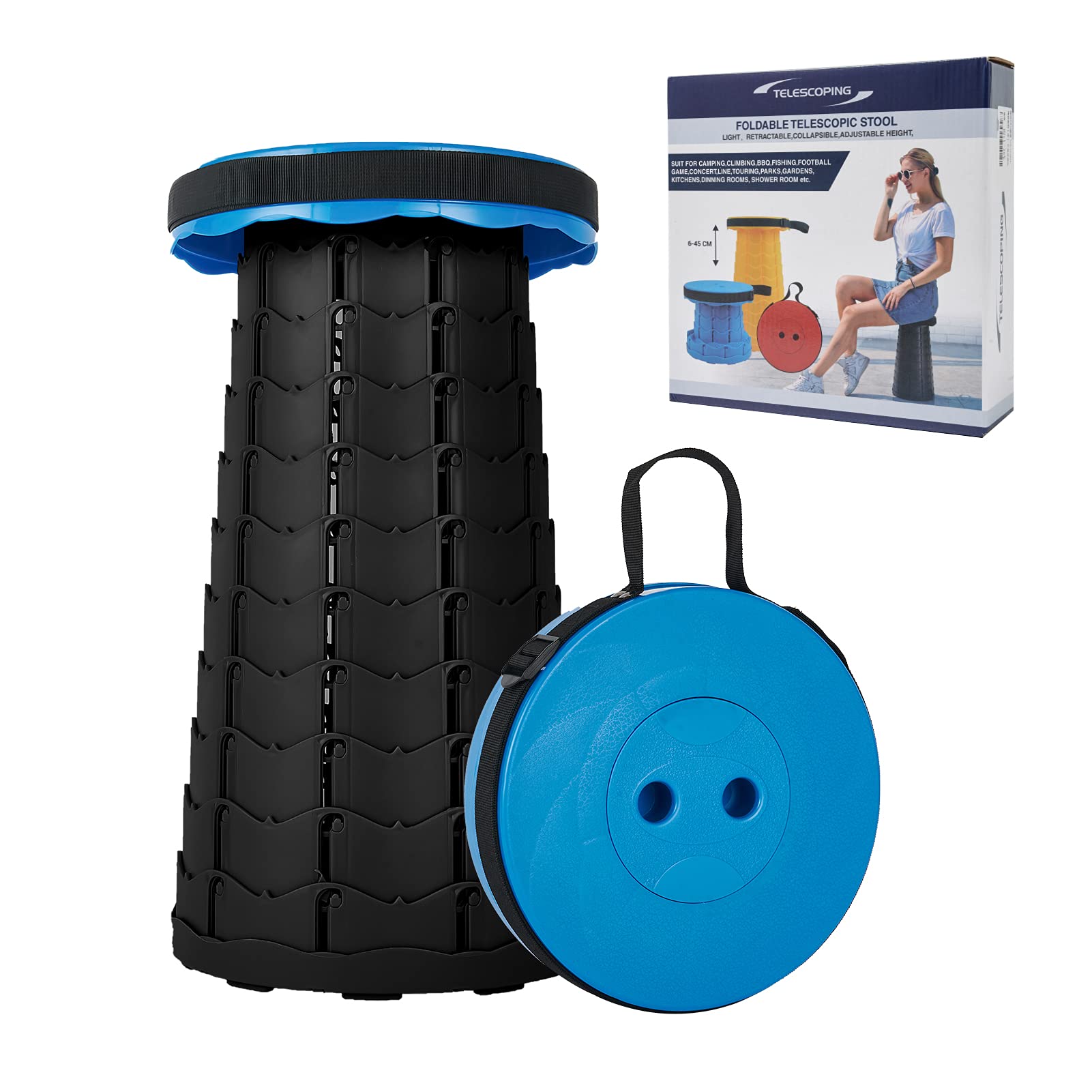 Camping Stool, Collapsible Stool with Adjustable Strap, Foldable Stool with Load Capacity 400lbs,Telescoping Portable Stool for Outdoor Camping Fishing Hiking Travelling Garden BBQ Indoor