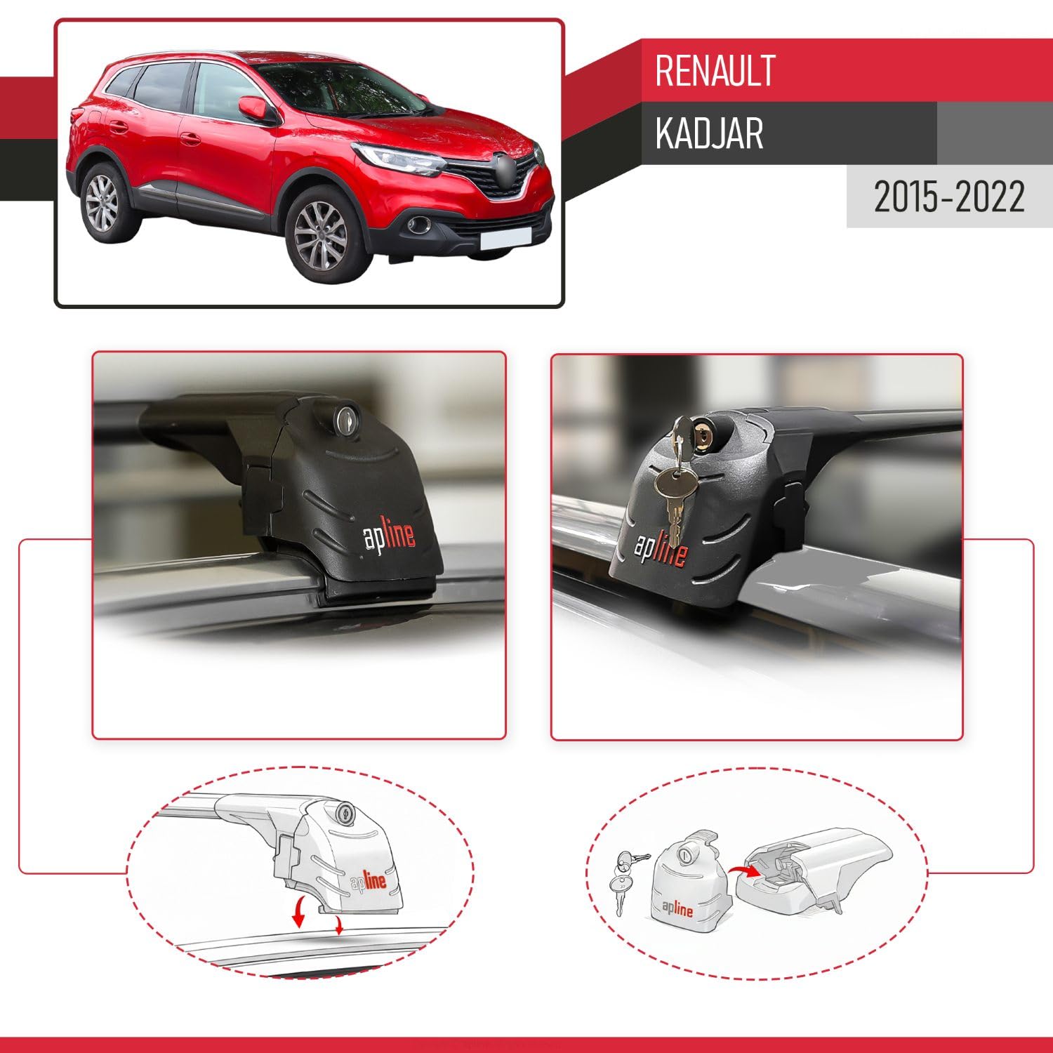 Compatibile con Renault Kadjar 2015-2022 Modello ACE-2 Barre Tetto Portapacchi Auto Barre Portatutto Nero Alluminio 2 Barre