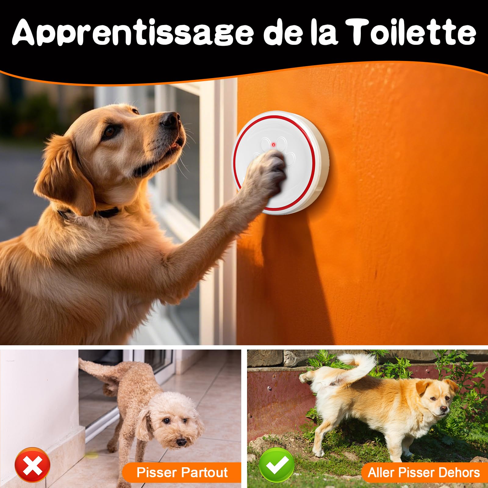 ChunHee Sonnette pour Chien Porte/Carillon pour Chat/Cloche Porte Chien - Entraînement aux Toilettes, sans Fil Étanche IP55, 55 Mélodies (1 Récepteur + 1 Émetteur)