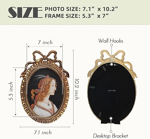 Miniatura 5 de Marco de fotos de bronce de 5 x 7 pulgadas, marco ovalado de bronce vintage dorado antiguo con parte delantera de cristal, para colgar en la pared o