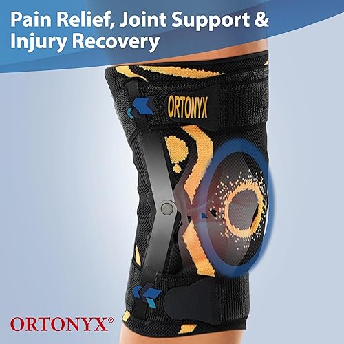 Miniatura 2 de ORTONYX Rodillera con bisagras con anillo de rótula y correas de sujeción, rodillera de punto 3D para aliviar el dolor, soporte de rótula y