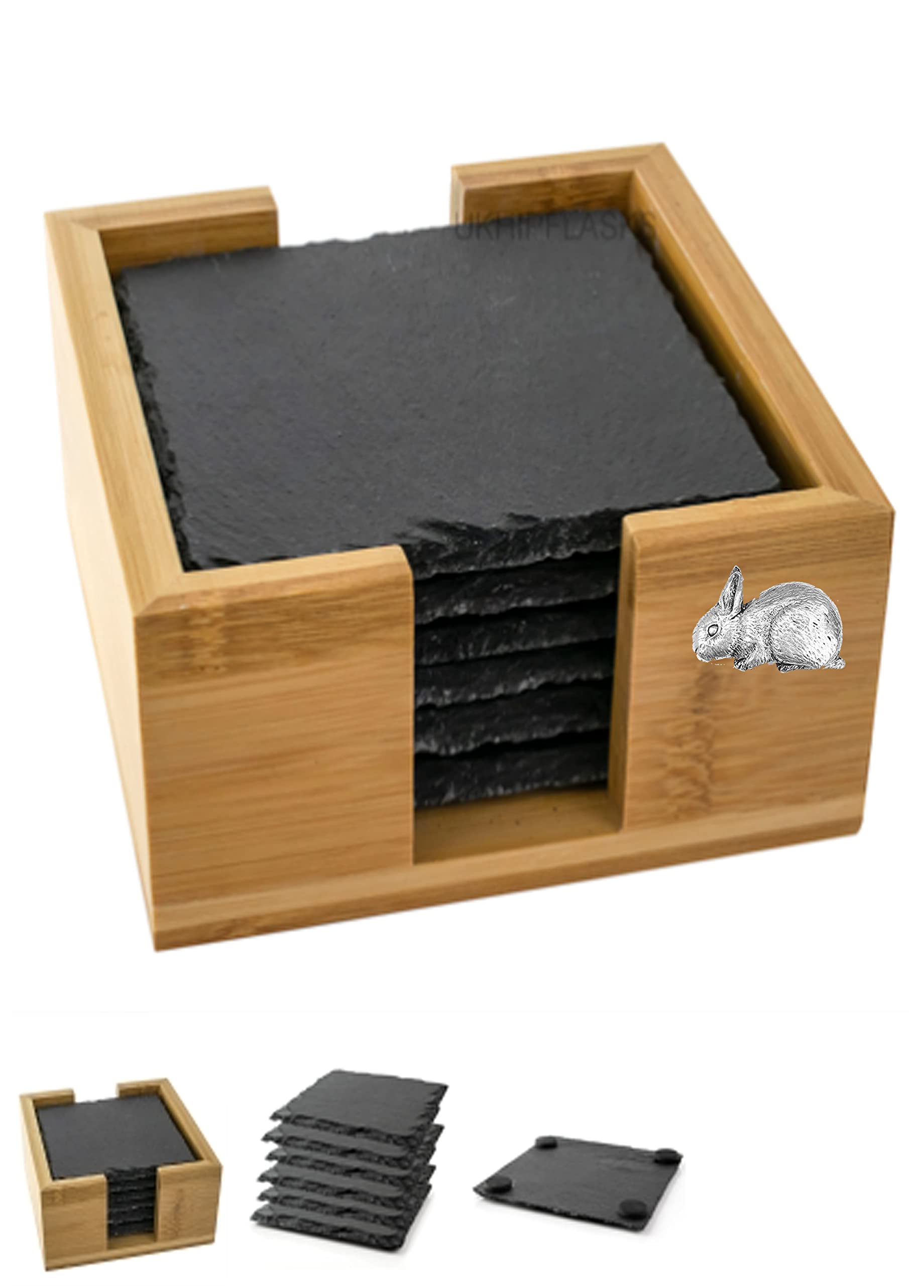 Dessous de verre carrés en ardoise motif lapin, idée cadeau maison avec support en bambou