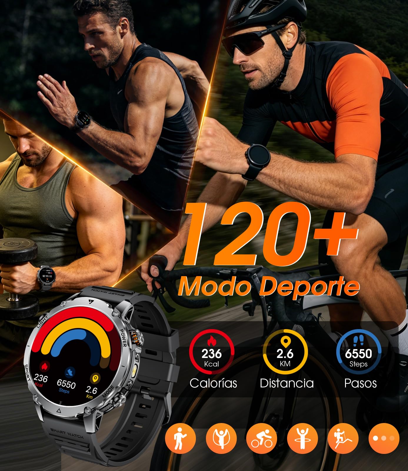 LIGE Smartwatch Hombre Militar, Batería 1400mAh, Pantalla HD 1,7", Llamadas Bluetooth, 110+ Modos Deportivos, Linterna LED, IP68 Impermeable, Reloj Inteligente Hombre Android iOS, 2 Correa