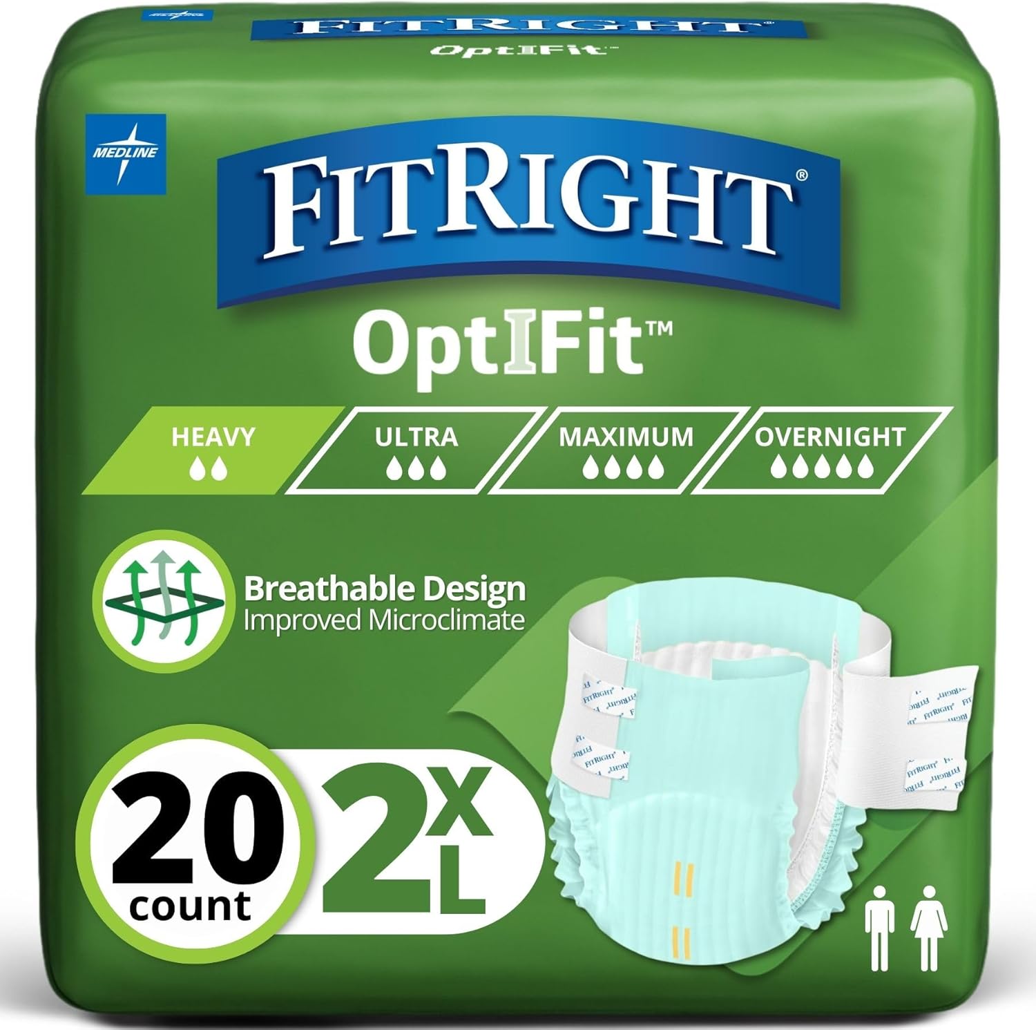 FitRight Adult Diapers, Extra Heavy Absorbency, 2XL (Waist Size 60in-70in), 20 Count, OptiFit Incontinence Briefs for Men and Women, Disposable, Moisture Wicking, Leak Protection, 20 Count XX-Large