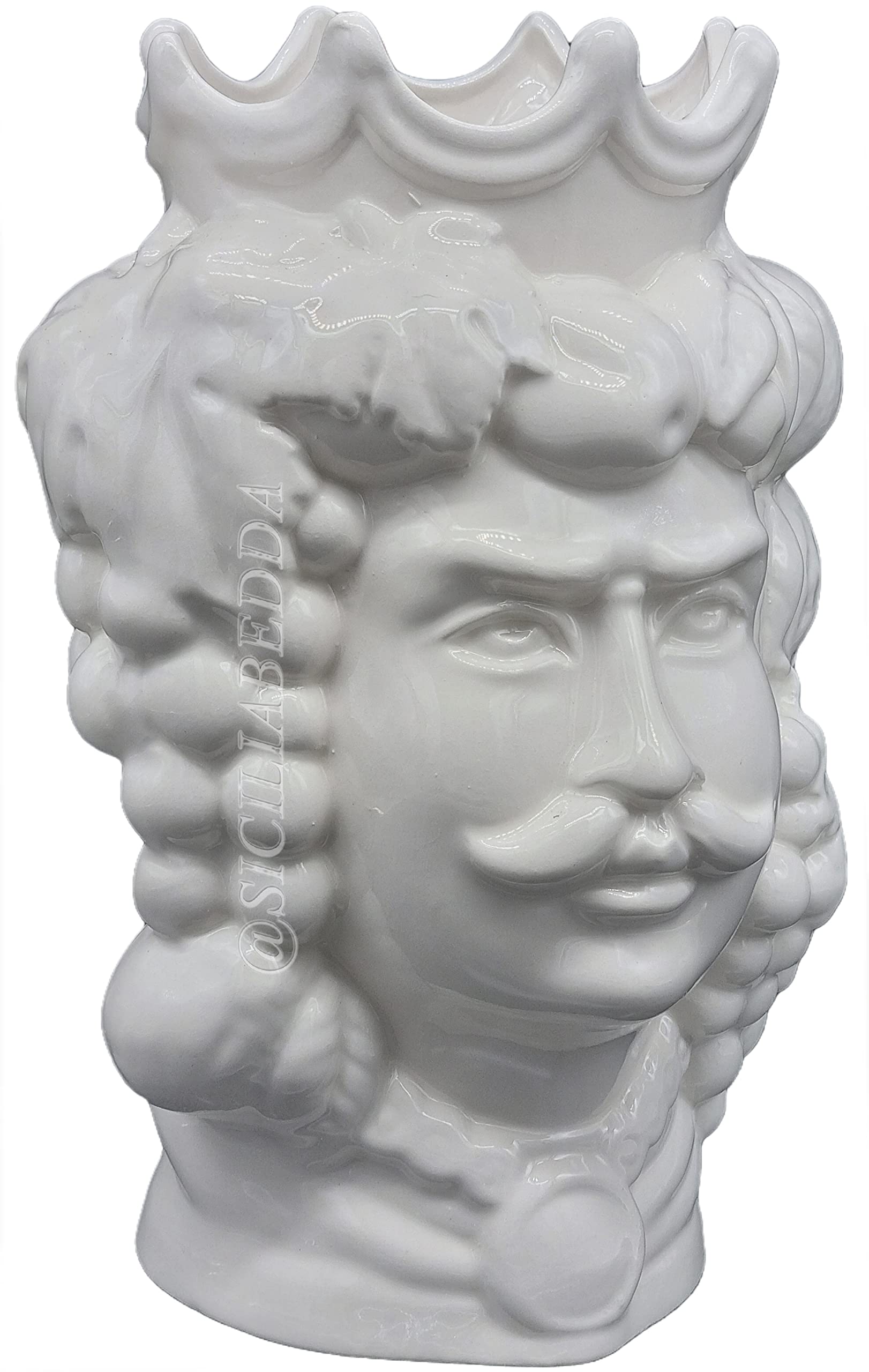 sicilia bedda - Teste di Moro in Ceramica di Caltagirone - Prodotto 100% Artigianale - Alta qualità (Altezza 35 Centimetri, Uomo Bianco Lucido)