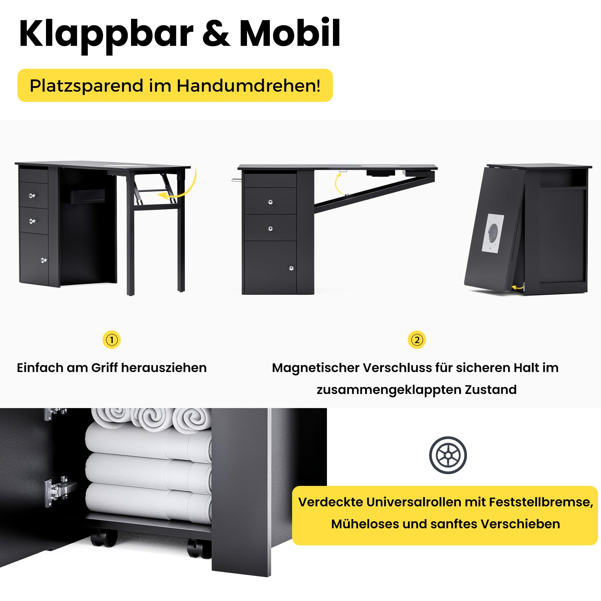 Klappbarer Nageltisch mit Staubabsaugung & LED-Lampe, Mobiler Manikürtisch auf Rollen mit 3 Schubladen, Schrank & Nagellack-Organizer, Handauflage & 4 Staubsaugerbeutel für Nagelstudio,Schwarz