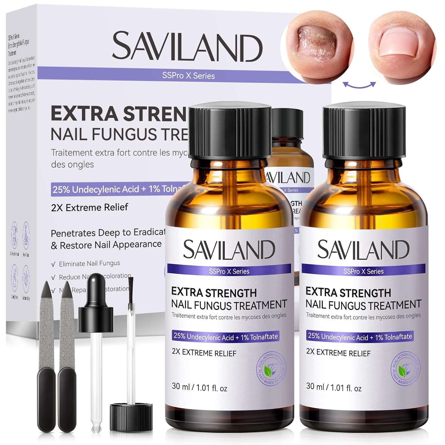 SAVILAND Toenail Fungus Treatment Extra Strength FSA-HSA: 1% Tolnaftate Nail Fungus Treatment 25% Undecylenic Acid 2X Extreme Nail Repair for Discolored Thick Yellow Damaged Nails 2 fl oz