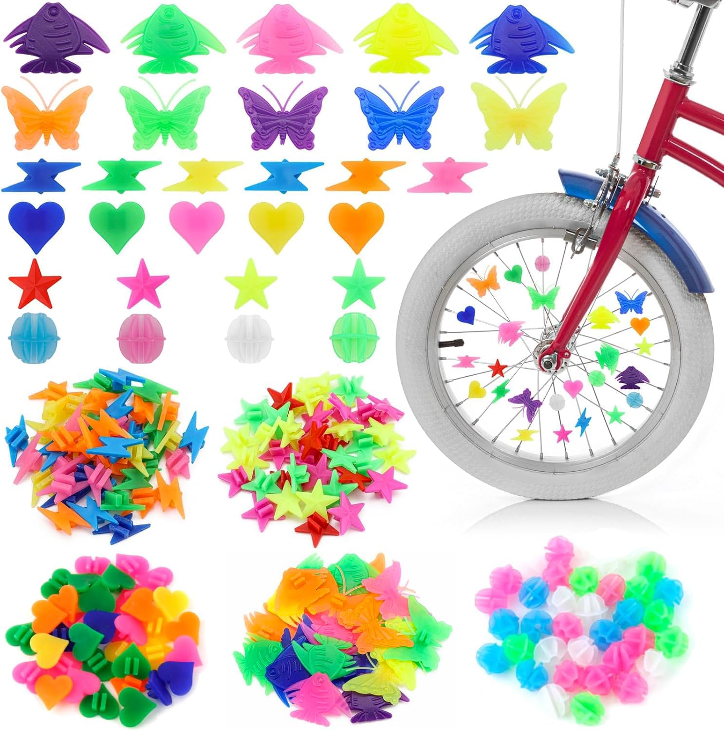 QINGHEC 204 Pcs Bike Spoke Beads, Colourful Bicycle Spoke Beads, Plastic Clip Wheel Spokes Decorations, Reflective Spoke Beads Decoration, Bike Accessories for Kids Girls and Boys