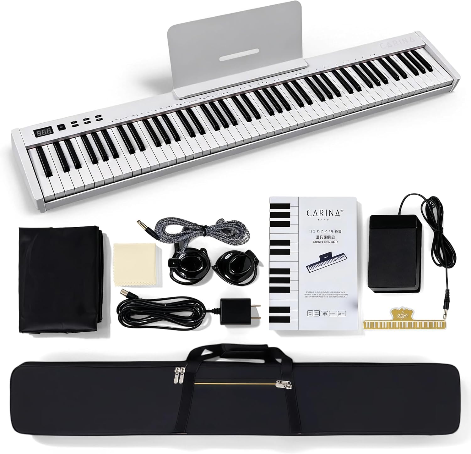 Carina 88 Key Piano Keyboard with Semi-Weighted Keys Portable Piano, 128 Tones, Speakers, USB-MIDI, Carry-Bag, Sustain Pedal, Electric Keyboard Piano for Beginners, (White)