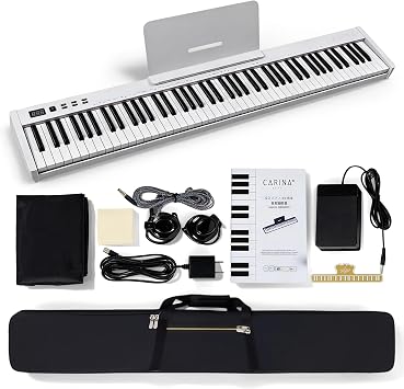Carina 88 Key Piano Keyboard with Semi-Weighted Keys Portable Piano, 128 Tones, Speakers, USB-MIDI, Carry-Bag, Sustain Pedal, Electric Keyboard Piano for Beginners, White