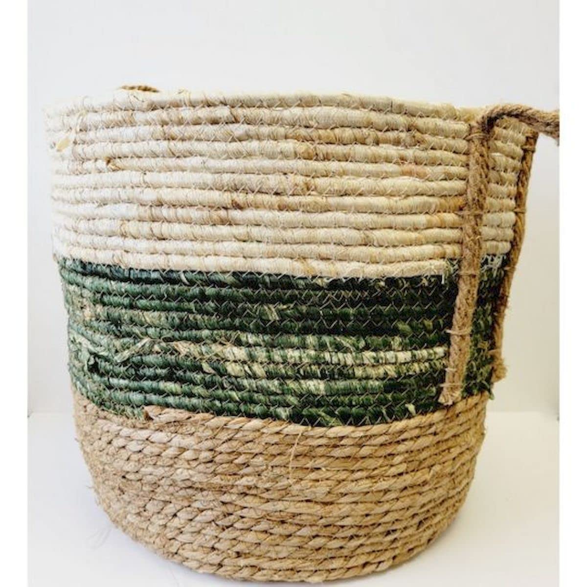 Browns and Green Woven with Handles Basket