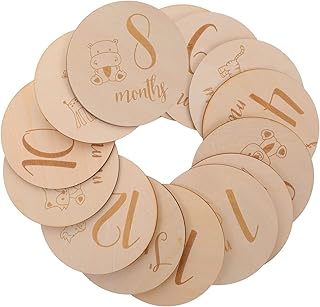 IMIKEYA Cartões De Marco Mensal De Bebê De Madeira Rodada 1-12 Meses Cartões De Crescimento Do Ano Discos De Registro De Bebê Marcadores De Marco De Viagem De Gravidez Foto Prop