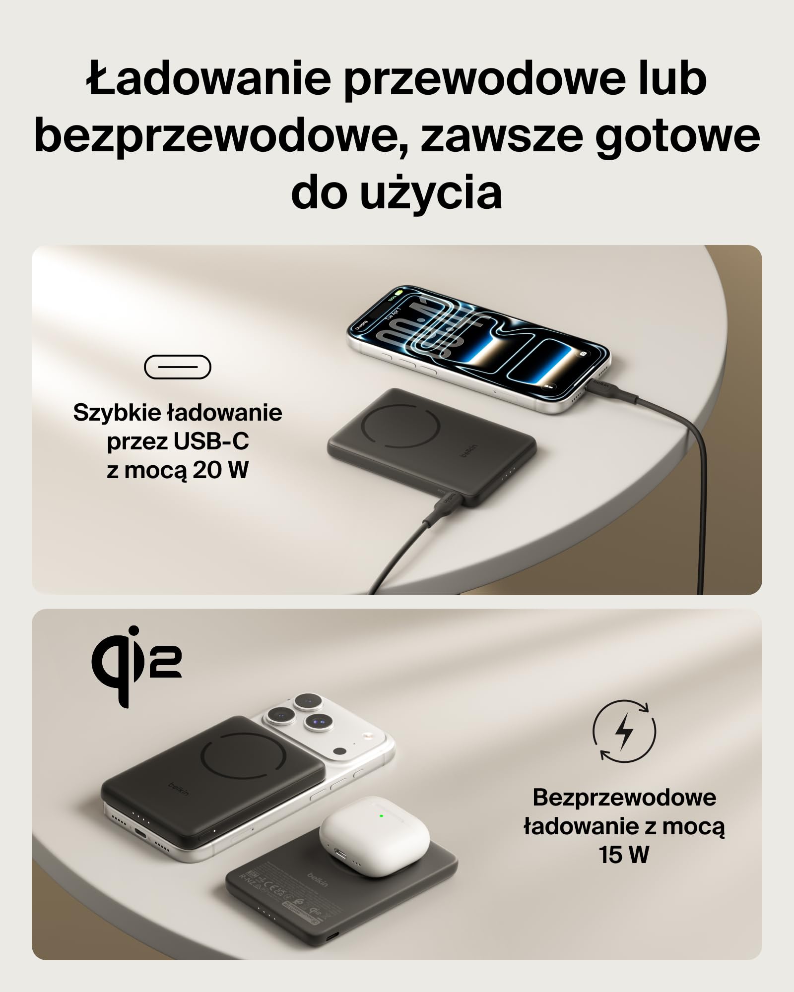 Belkin BoostCharge Magnetyczny Powerbank 5000mAh, Certyfikat Qi2, z Pierścieniem Magnetycznym i Portem USB-C, Smukła Ładowarka 15W do Urządzeń iPhone, Galaxy, Pixel – z Kablem USB-C – Czarny