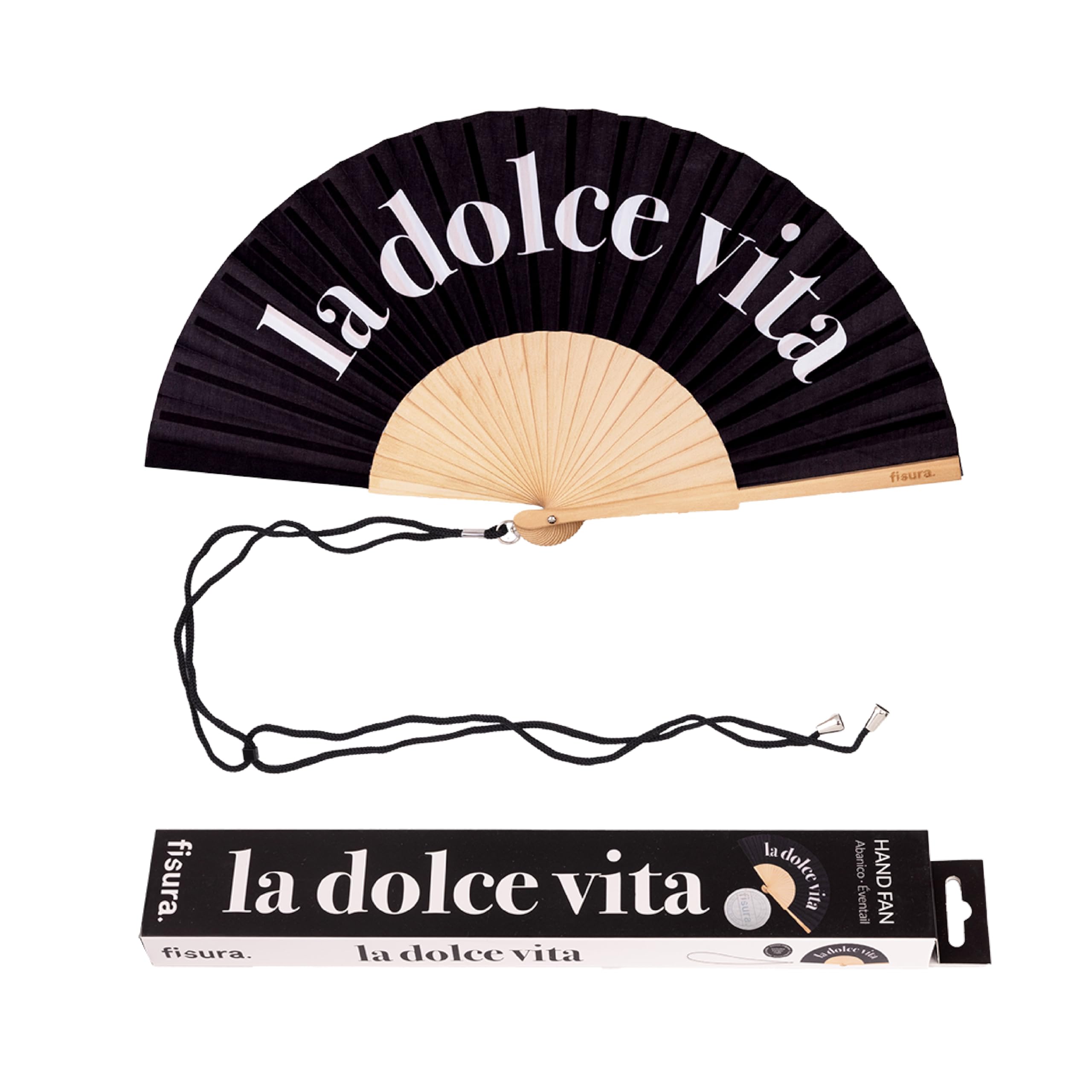 Fisura – Original Folding Handheld Fan with Fun Message “Dolce Vita”, Wooden Folding Fan for women, Black Design with Hanger for Wedding, rave, festival - Size: 42.5 x 23 cm