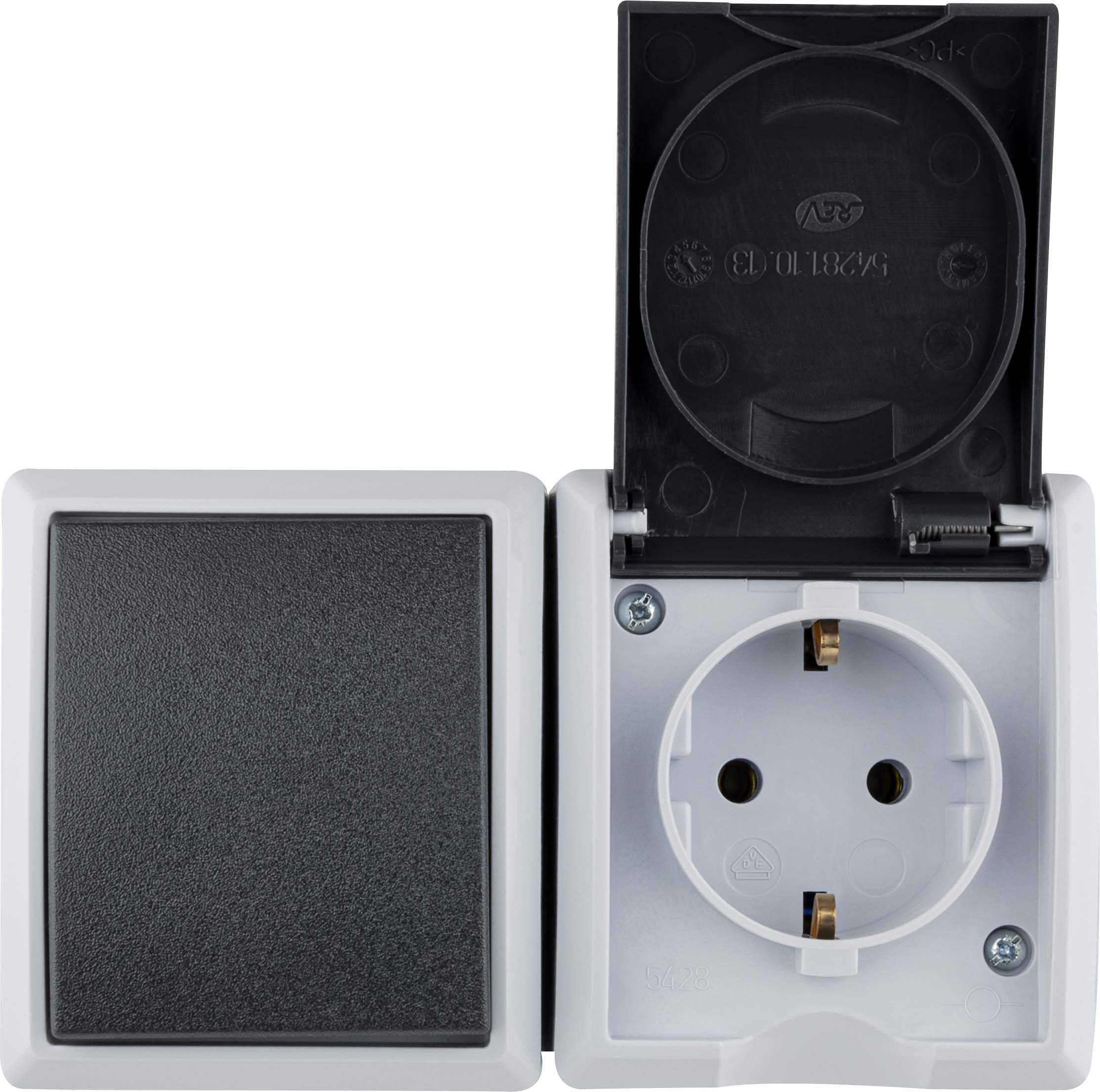 X-Sense XS01-M ProConnected Rauchmelder mit SBS50 Basisstation & REV 0510231777 AquaForm, Steckdose - A/W Schalterkombi, IP44, zweipolig, Aufputz, waagrecht, grau