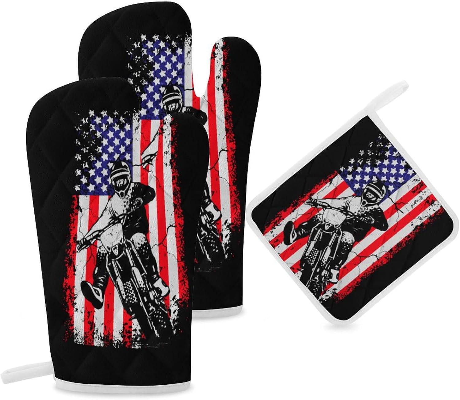Dirt Bike U.S.A. Flag Motocross Biker Print Oven Mitts and Pot Holders 3 Piece Sets Heat Resistant Gloves Hot Pads Potholders for Kitchen Baking Cooking
