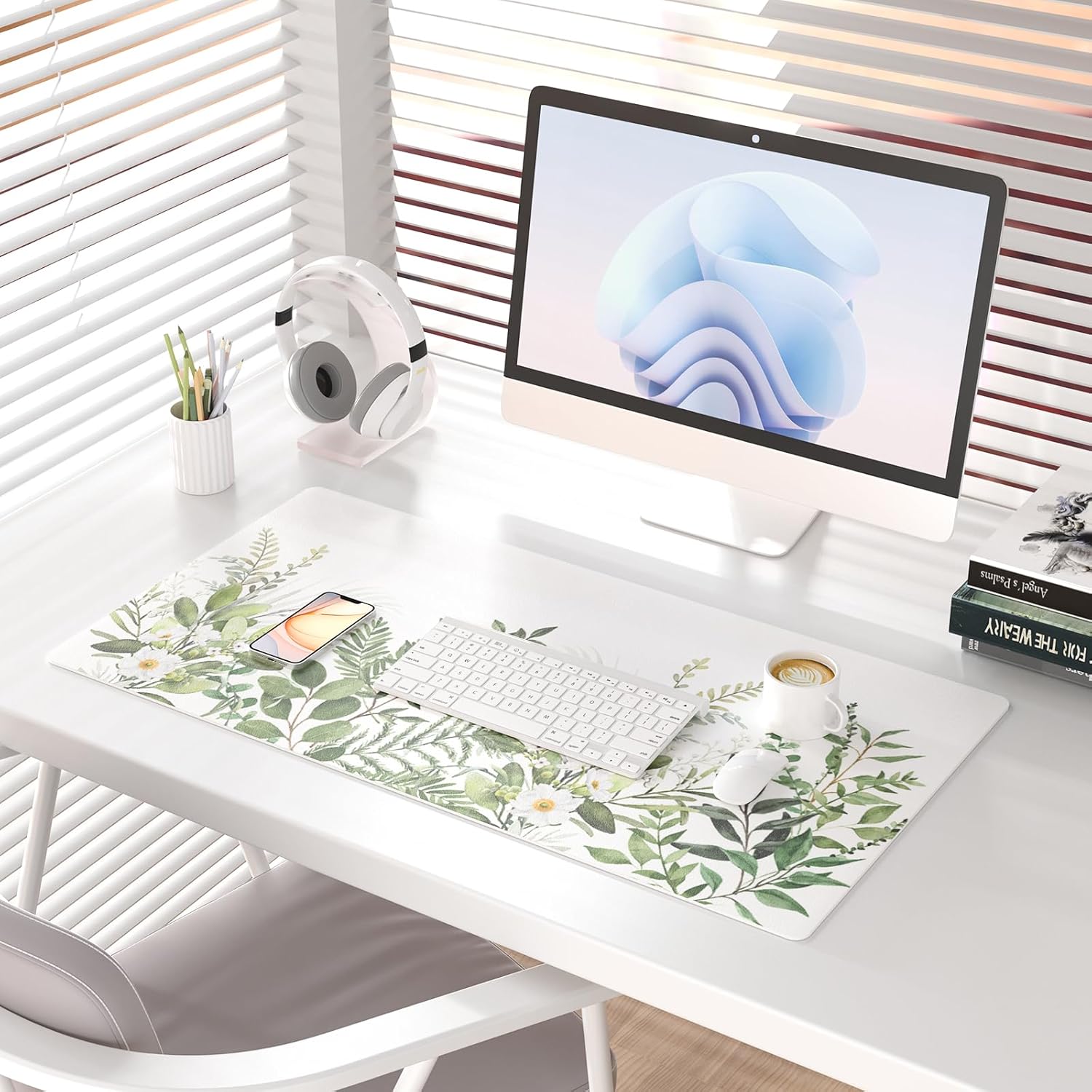 Colorful Star Large Mouse Pad, Green Leaves Waterproof Office Desk Mat, Non-Slip Computer Gaming Mouse Pad, XXL PC Laptop Protector Pads, PU Leather Desk Writing Pads for Office Home, 31.5" x 15.7" - Image 2