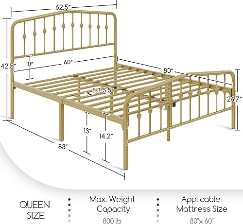 Miniatura 2 de Yaheetech Marco de cama Queen con plataforma de metal con cabecera de estilo victoriano, hierro forjado, fácil montaje, no necesita somier, cama