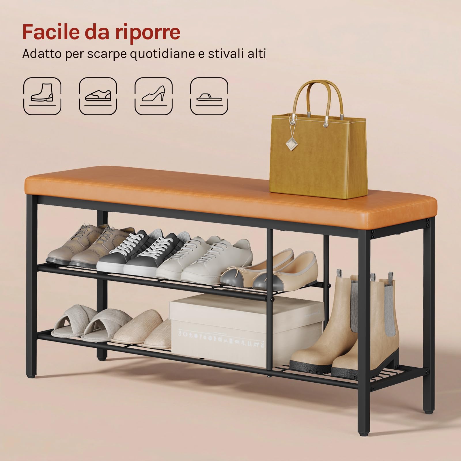 WOLTU Panca Scarpiera da Ingresso con 2 Ripiani, Portascarpe Salvaspazio, Struttura Metallica, Cuscino con Rivestimento in Pelle Sintetica, per Corridoio, Soggiorno, 100x30x50 cm, Marrone