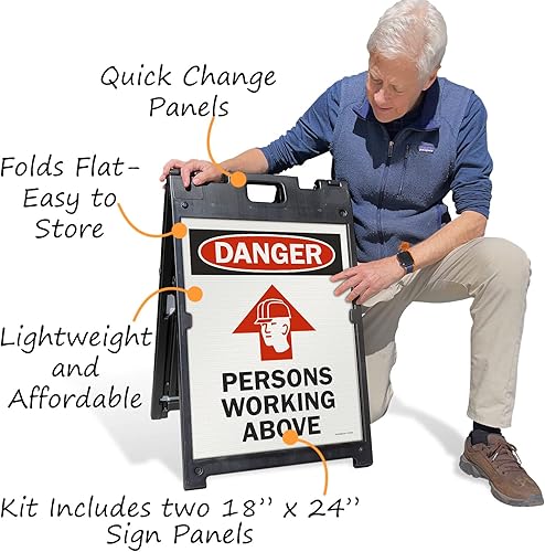 Miniatura 4 de SmartSign Kit de letreros de dos caras con marco en A de BabyBoss de 24 x 18 pulgadas, con texto en inglés "Danger - Persons Working Above",