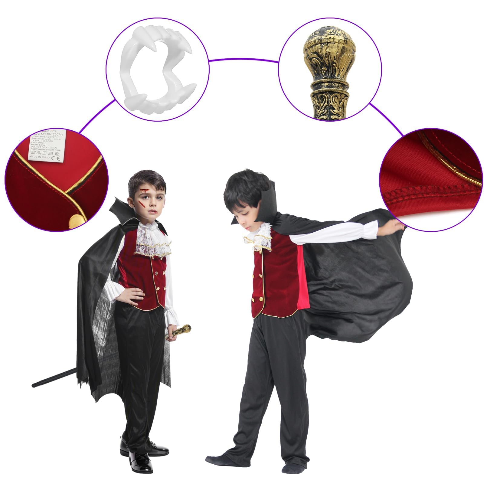 GEMVIE Costume da vampiro 4-12 Anni per bambini e ragazzi Dracula Twilight Costume di Travestimento Royal Halloween Carnevale Mantello Vampiro Cosplay Nero