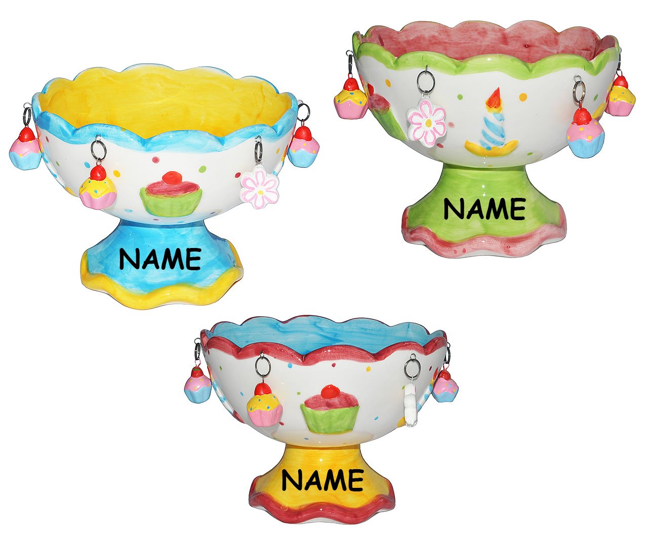 alles-meine.de GmbH 3 STK große Schalen incl. Namen - mit 3-D Törtchen Anhänger + Fuß - Dessertschale Vorspeise Nachspeise - aus Porzellan/Keramik - Schale - Eisschale/Eisb..