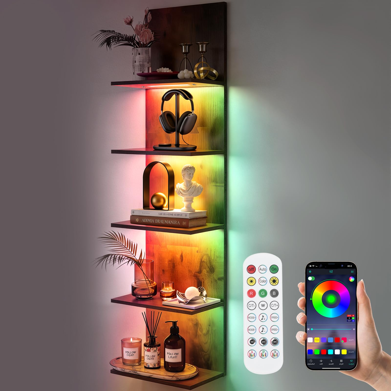 Wandregal mit RGB+IC-Beleuchtung, Bücherregal Wand mit APP & Fernbedienung | Wandregal Holz 5 Ebenen, Wandregal Schmal Schminktisch Regal für Schlafzimmer, Wohnzimmer, 30x18x117 cm, Holzfarben