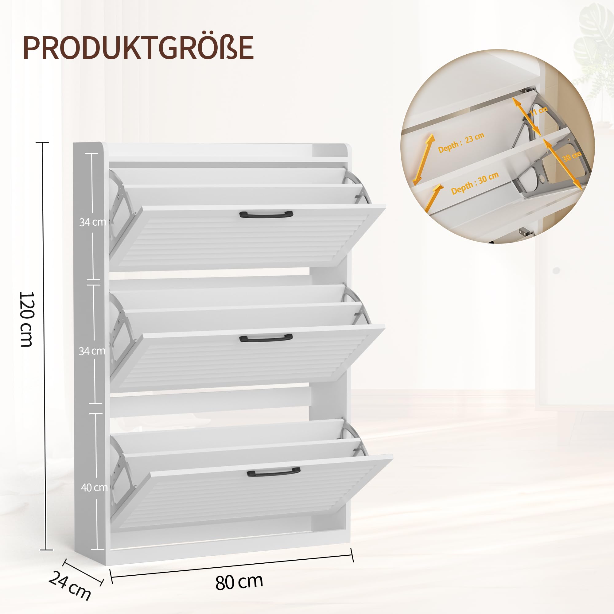BonVache Schuhschrank Schmal, Schuhkipper mit Lamellentür, Schuhregal mit 3 Klappen, Schuhkommode mit 6 Verstellbar Ablageflächen, Schuhaufbewahrung für Flur, 80x24x120 cm, Weiß