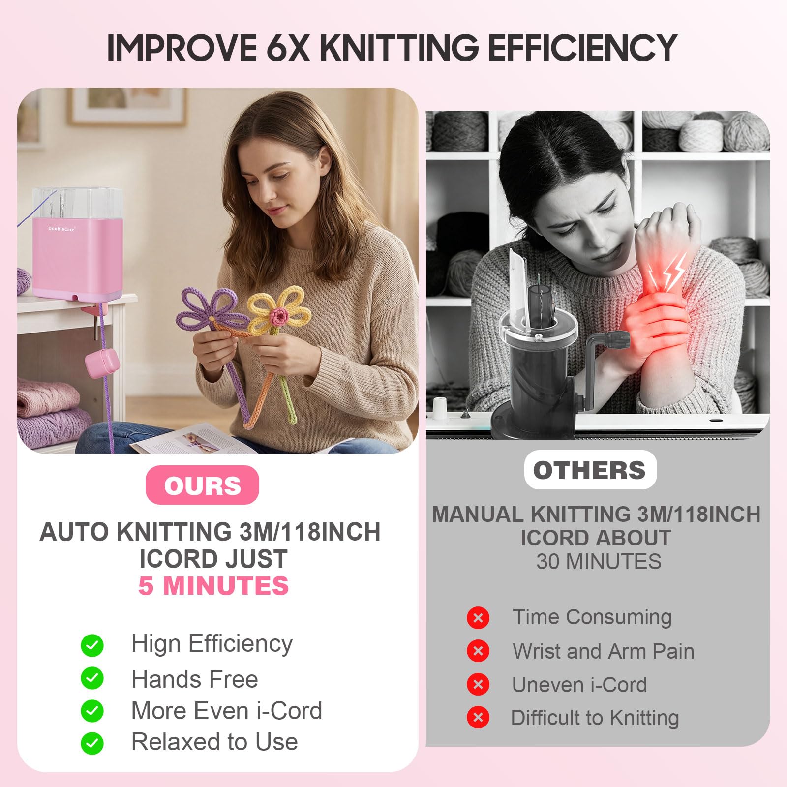 DoubleCare Tricotin Automatique, Machine de Tricotar Tejer, Eléctrico Máquina de Tejer con 2 Bobinas de Hilo y Alambre de Hierro de 2 m, DIY Máquina de Ganchillo para Proyectos Rápidos, Rosa