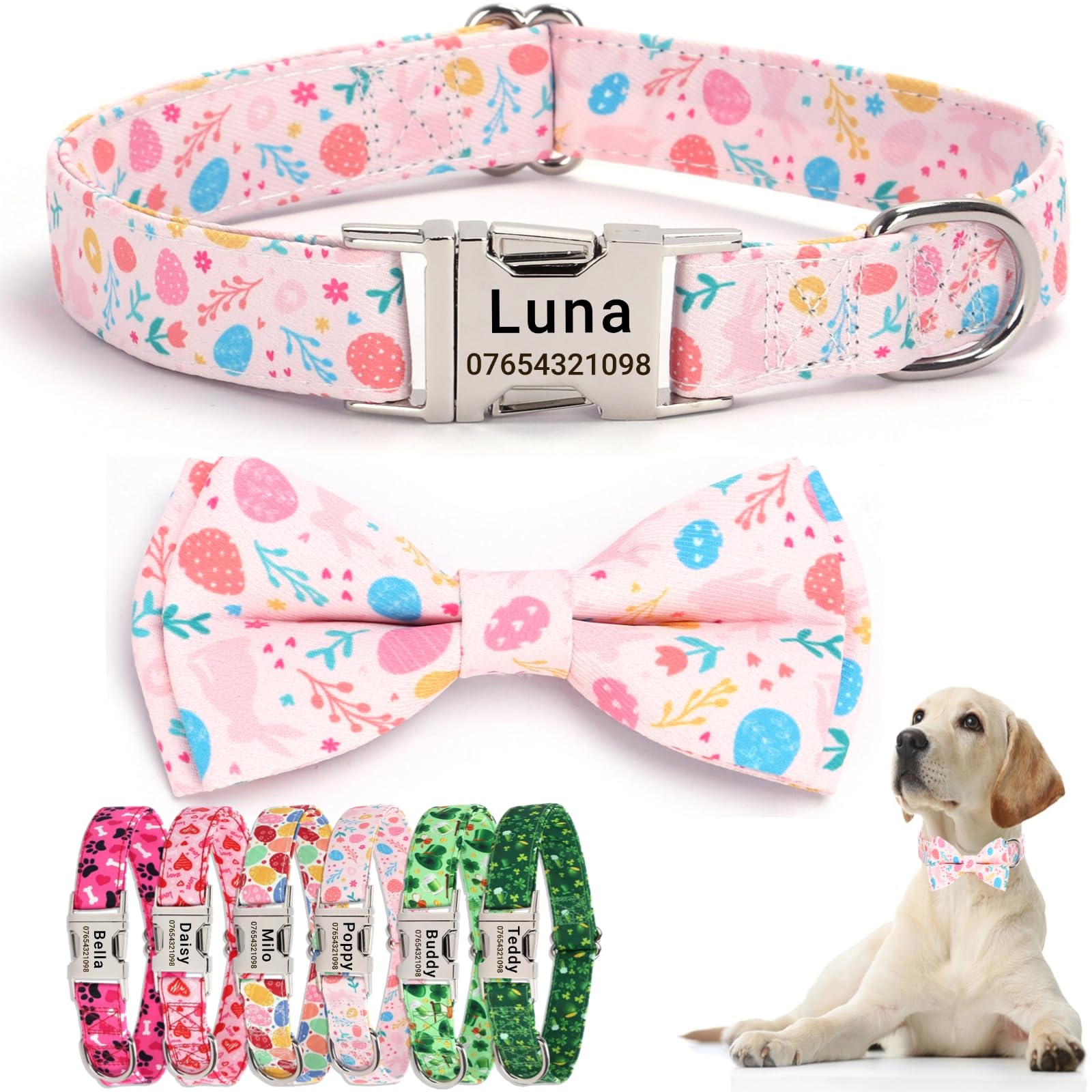 SEOUGEE Easter Dog Collar Personalised with Bowtie, Adjustable Soft Cotton Dog Collars with Custom Engraved Metal Buckle Name Phone Number for Large Dogs (Bunny Bloom, XL:Neck 45-70cm)