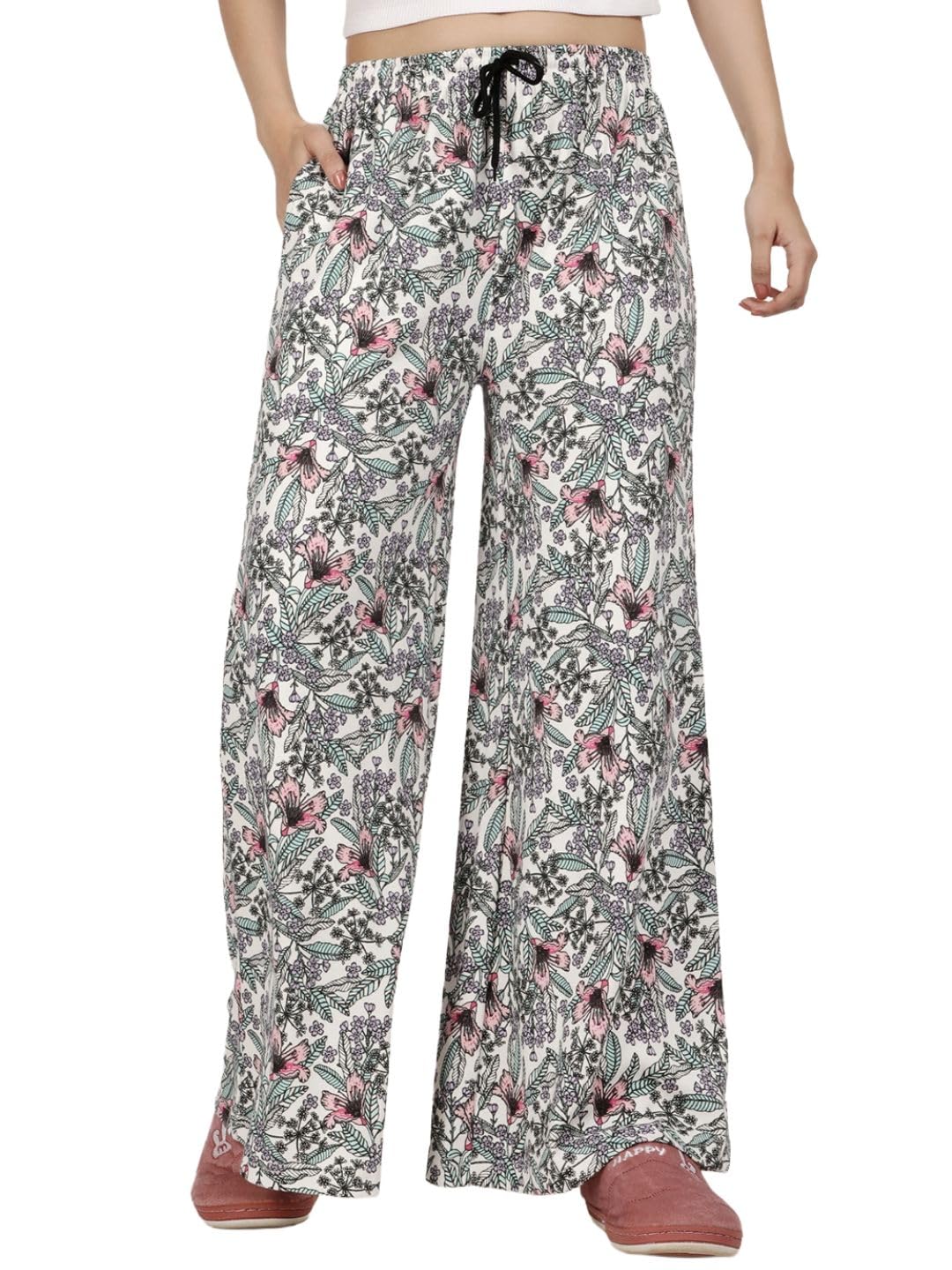 esplendido Women pyjama pure cotton relaxed fit Wide-leg loungepant (Off white;M)-picture-32