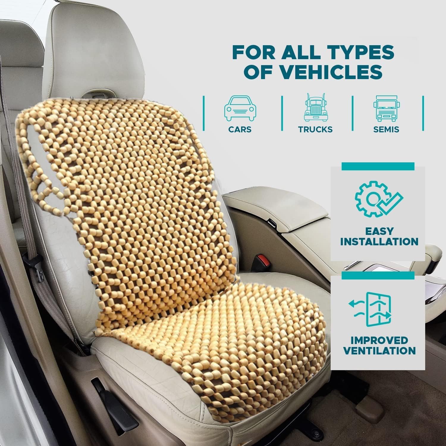 VaygWay Cuscino per sedile auto con perline in legno naturale resistente e doppio filo, cuscino di supporto massaggiante ventilato per auto, camion e sedie da ufficio