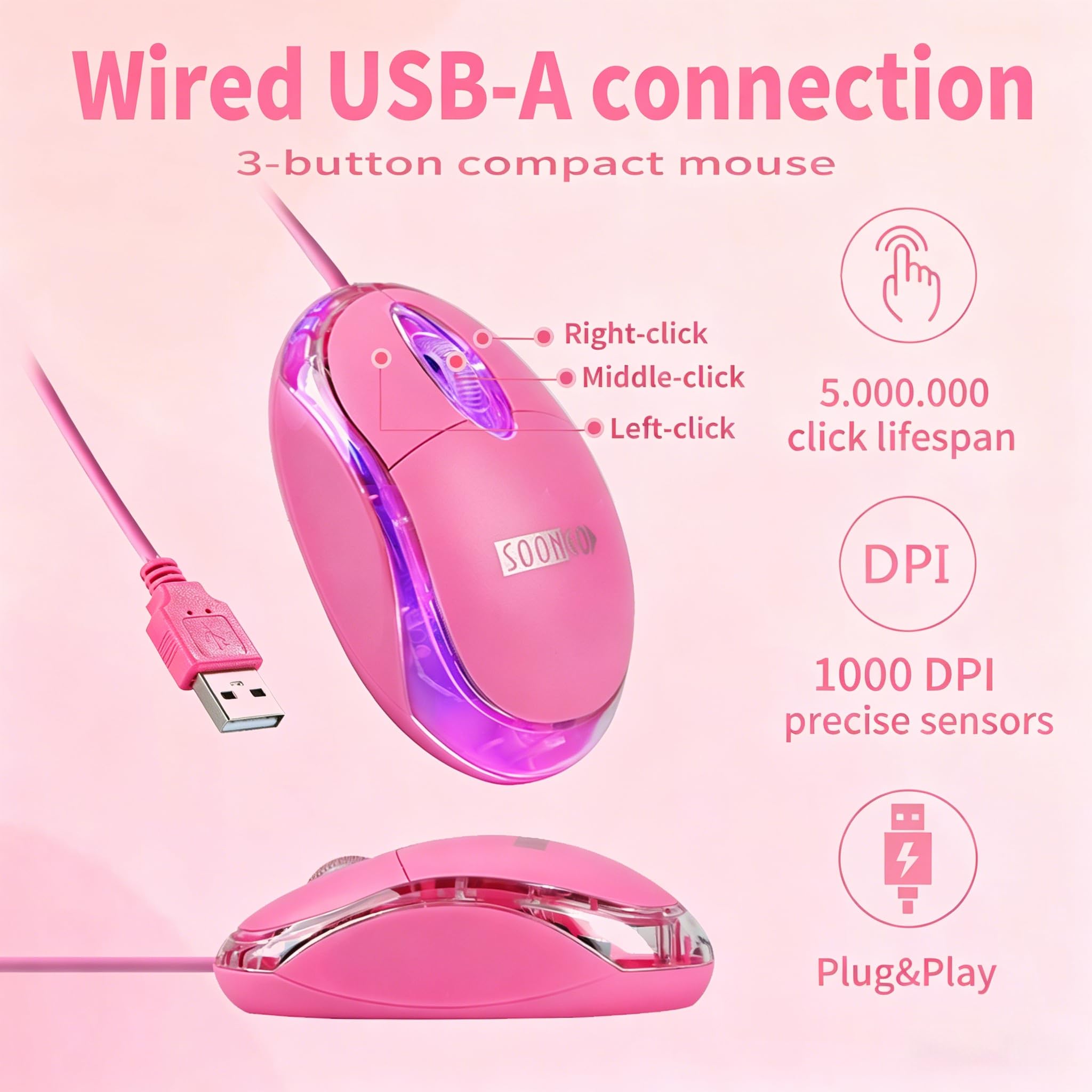 Amazon | SOON GO ピンクマウス コンピューターマウス 1.5m ピンクUSB