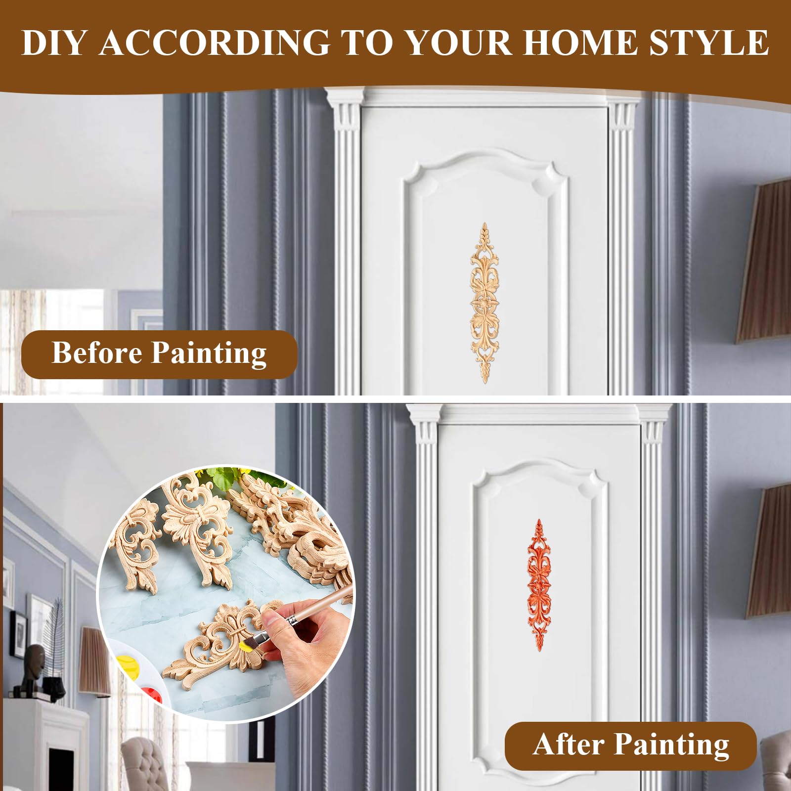 Supkiir 16Pcs Wood Appliques, Carved Unpainted DIY Decorative Wooden Applique Trim Decal Wood Embellishments for Furniture Cabinet Dresser Bed Wall 2 Sizes