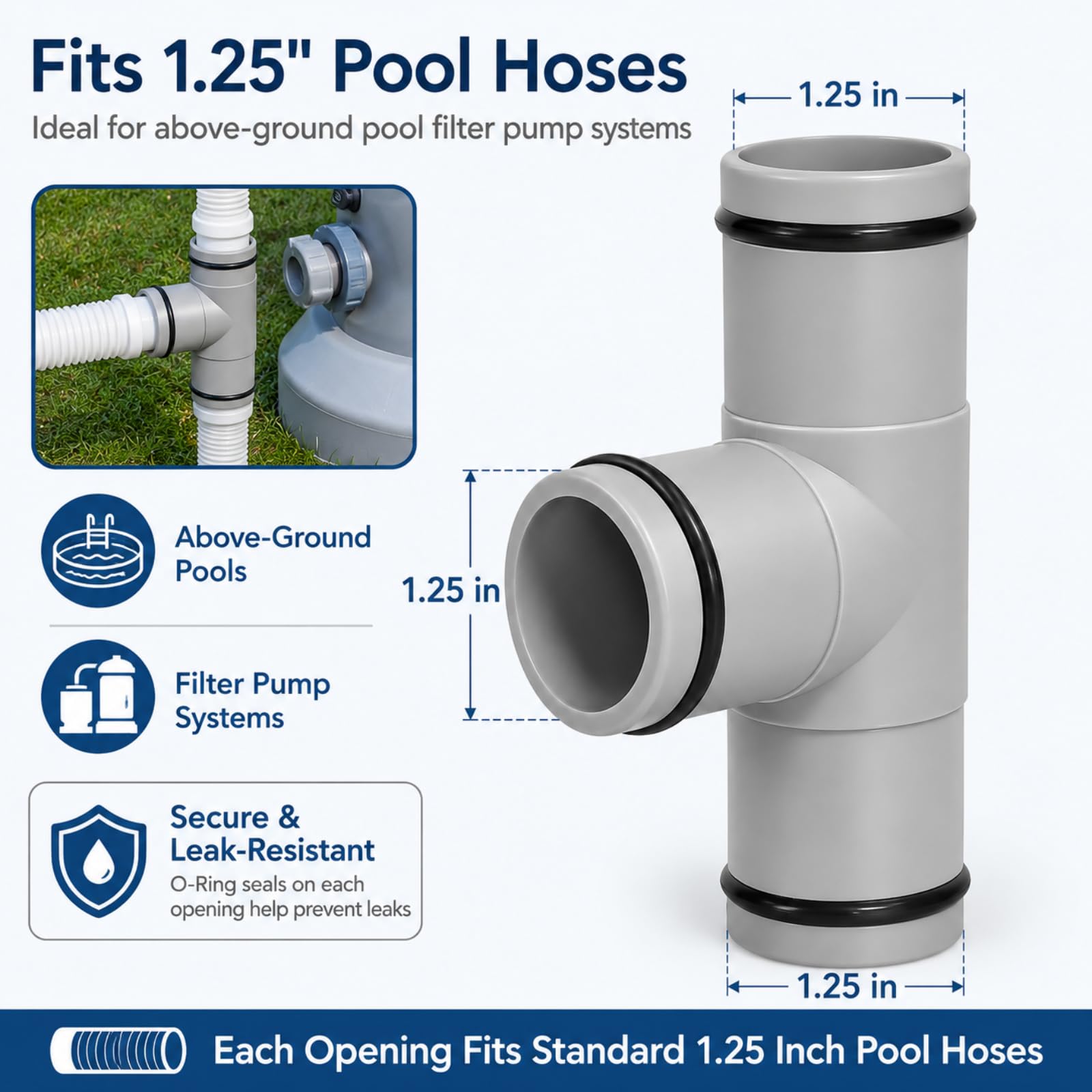 Adaptador de manguera de repuesto para bomba de piscina de 3,25 cm de diámetro, junta en T, gris (3 interfaces)