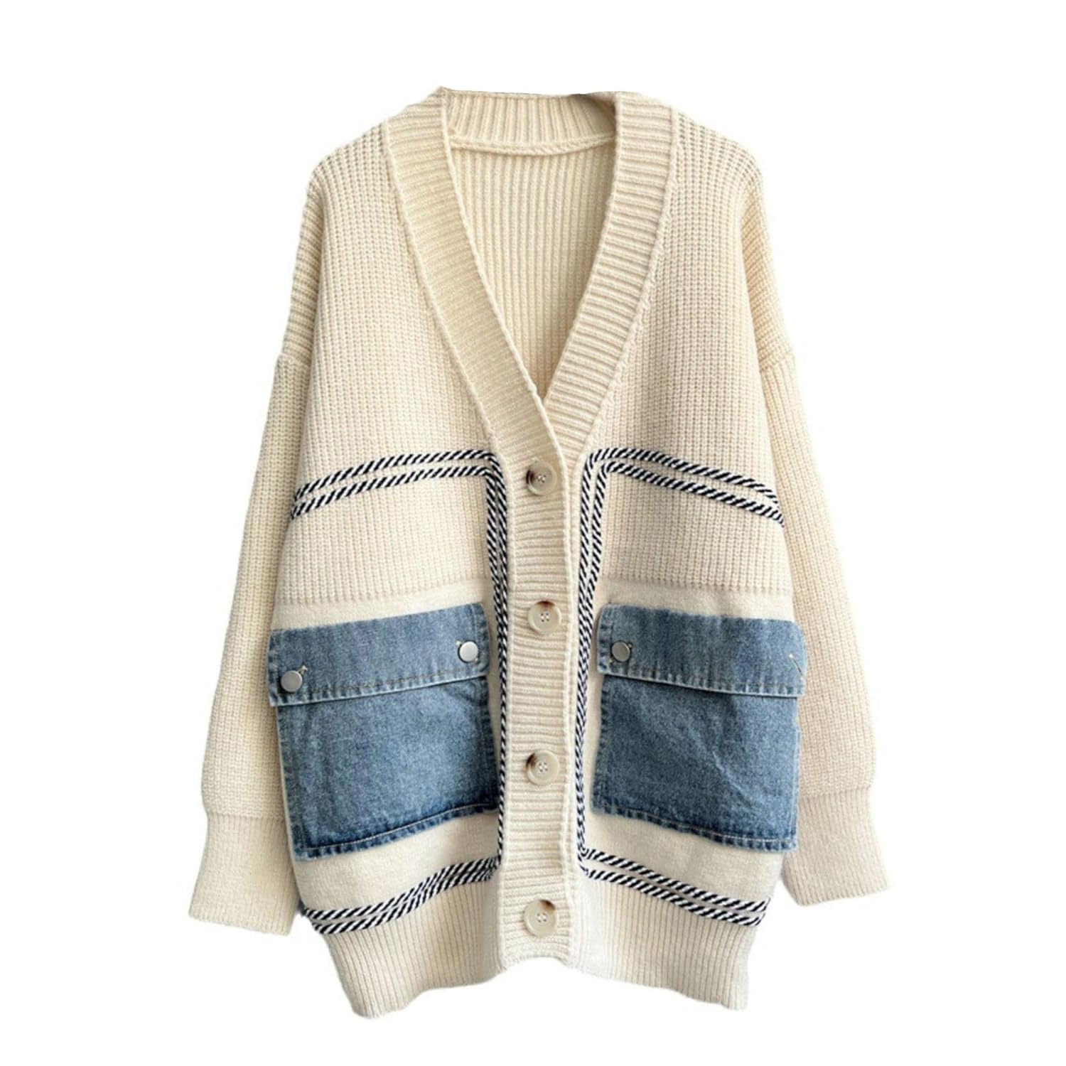 FindThy Womens Casual Button Up Cardigan Oversized Long Sleeve Jean Patchwork Sweater Cardigans