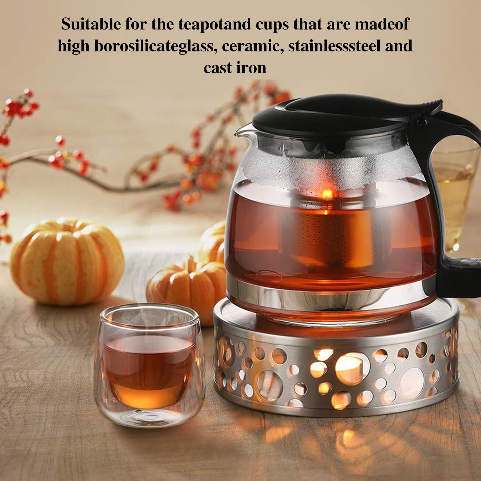 Scaldatè In Acciaio Inox Nero | Con Portacandele Per Teiera | Lumino Per Tenere Caldo Tè E Caffè