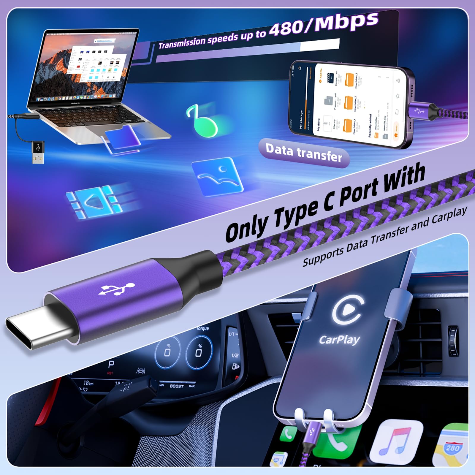 Cavo di ricarica USB multiporta, viola, confezione da 2, 1,5 m, 4 in 2, cavo in nylon intrecciato con Lightning, Tipo-C, connettori micro USB,