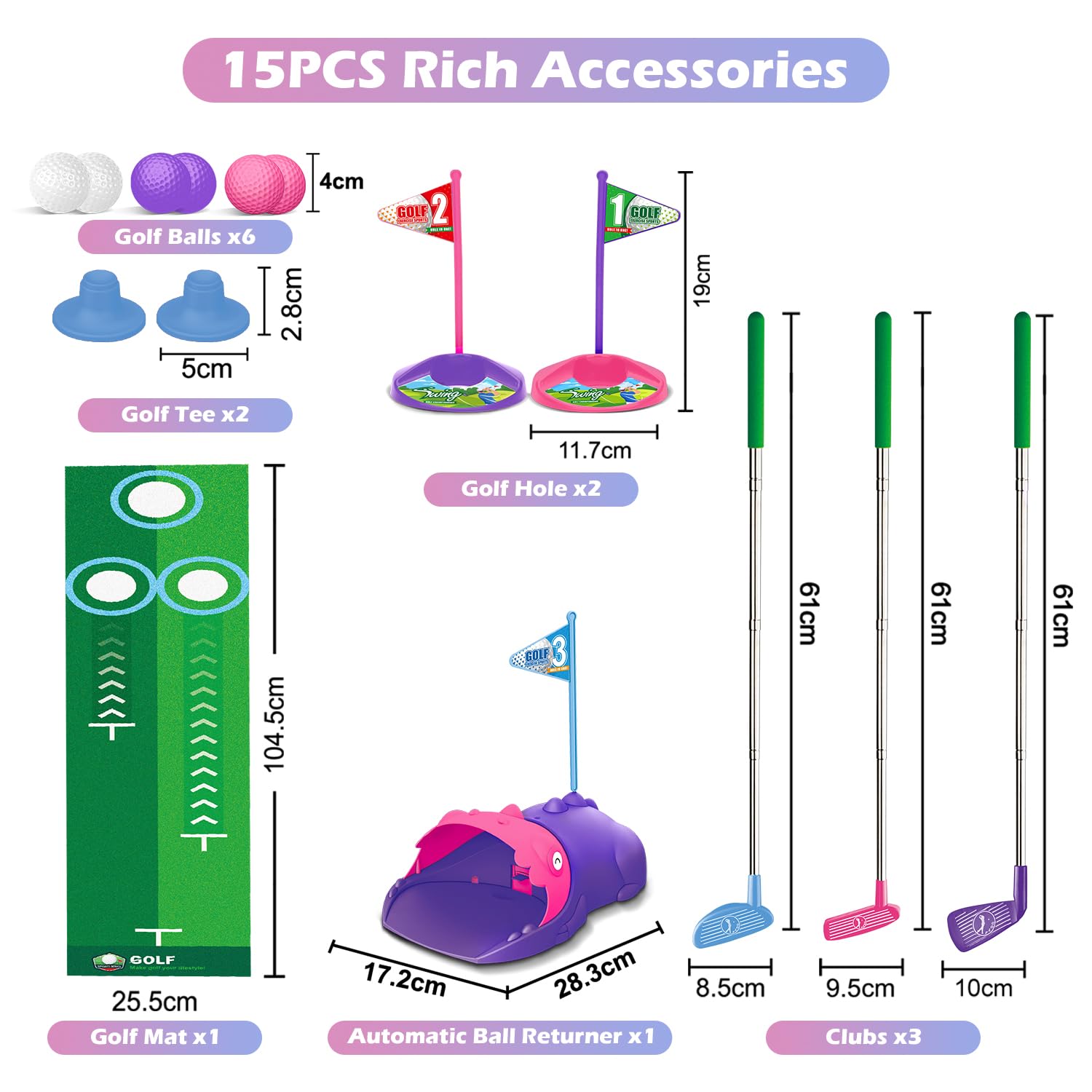 Set de Golf para Niños Devolvedor Automático de Bolas Dinosaurio, Pelotas de Golf Luminosas con LED, 3 Palos, Juegos de Golf para Niñas de 3 a 8 Años, Juguetes Deportivos Interior Exterior (Rosa)