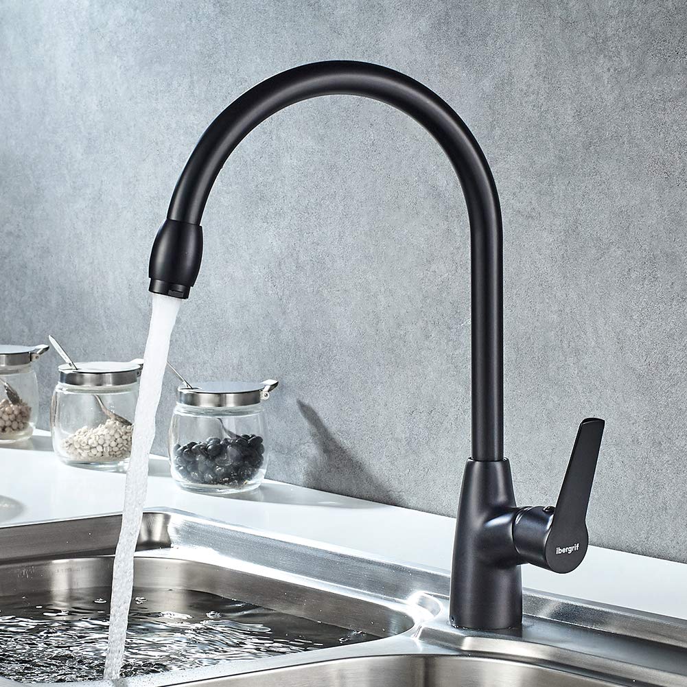 Ibergrif Grifo Cocina Negro, Grifos Cocina Fregadero Profesional con Caño Alto, Grifo de Cocina para 2 Modos Giratorio a 360° Monomando, M14026B