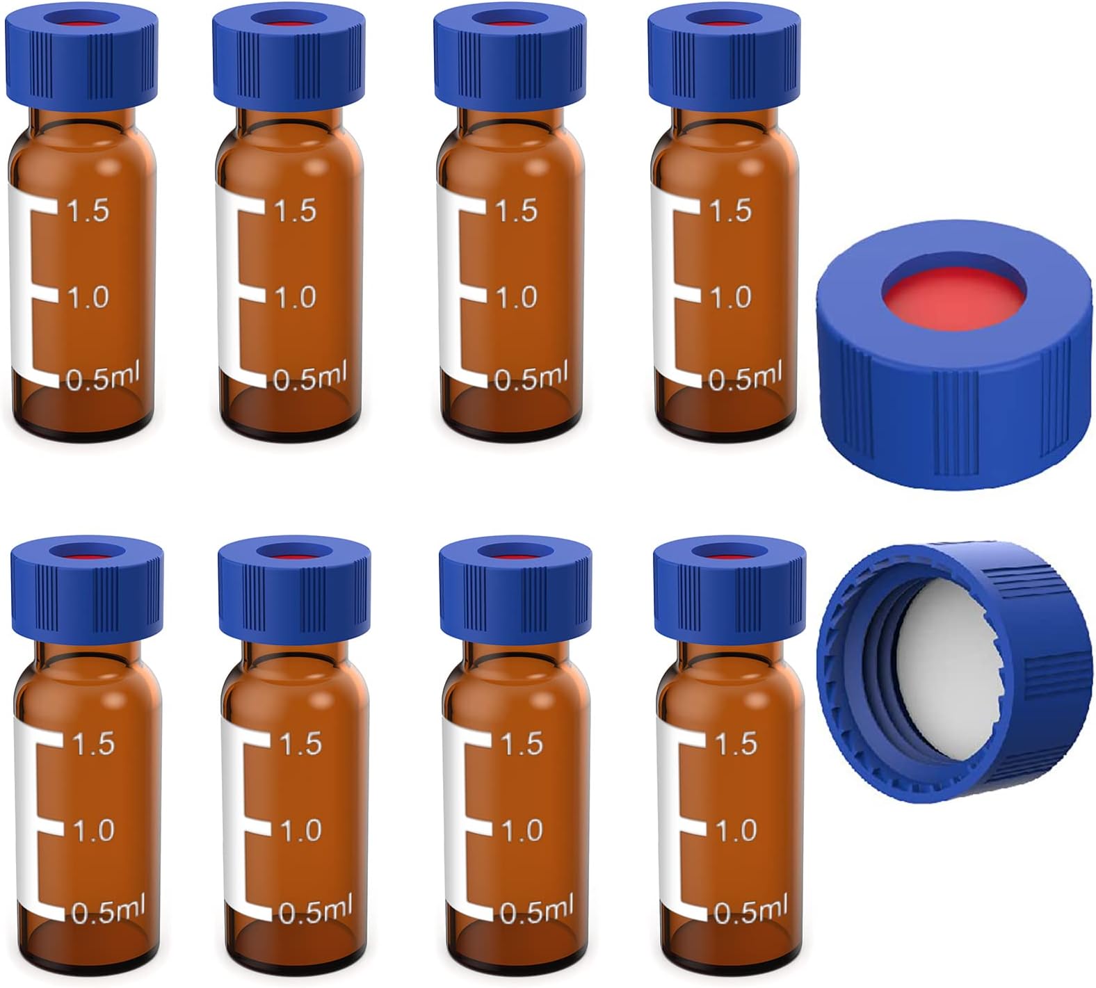 FOUR E'S SCIENTIFIC 2ml Autosampler Vials 1000 Pack - HPLC Vial | 9-425 Amber Vial with Blue Screw Caps | Writing Patch | Graduation | White PTFE & Red Silicone Septa Fit for LC Sampler