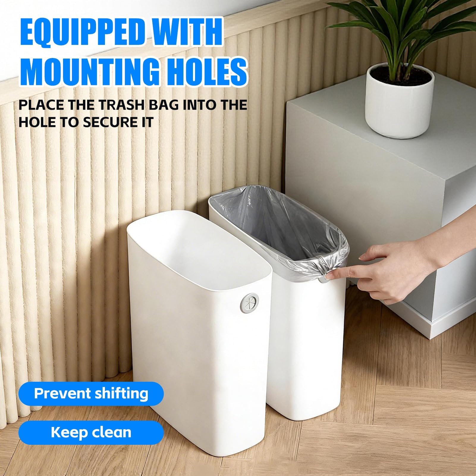 Cestino della spazzatura rettangolare in plastica ultra sottile, piccolo, per il bagno, con coperchio aperto, per ufficio, camera da letto, cucina, adatto per spazi ristretti (Bianco)