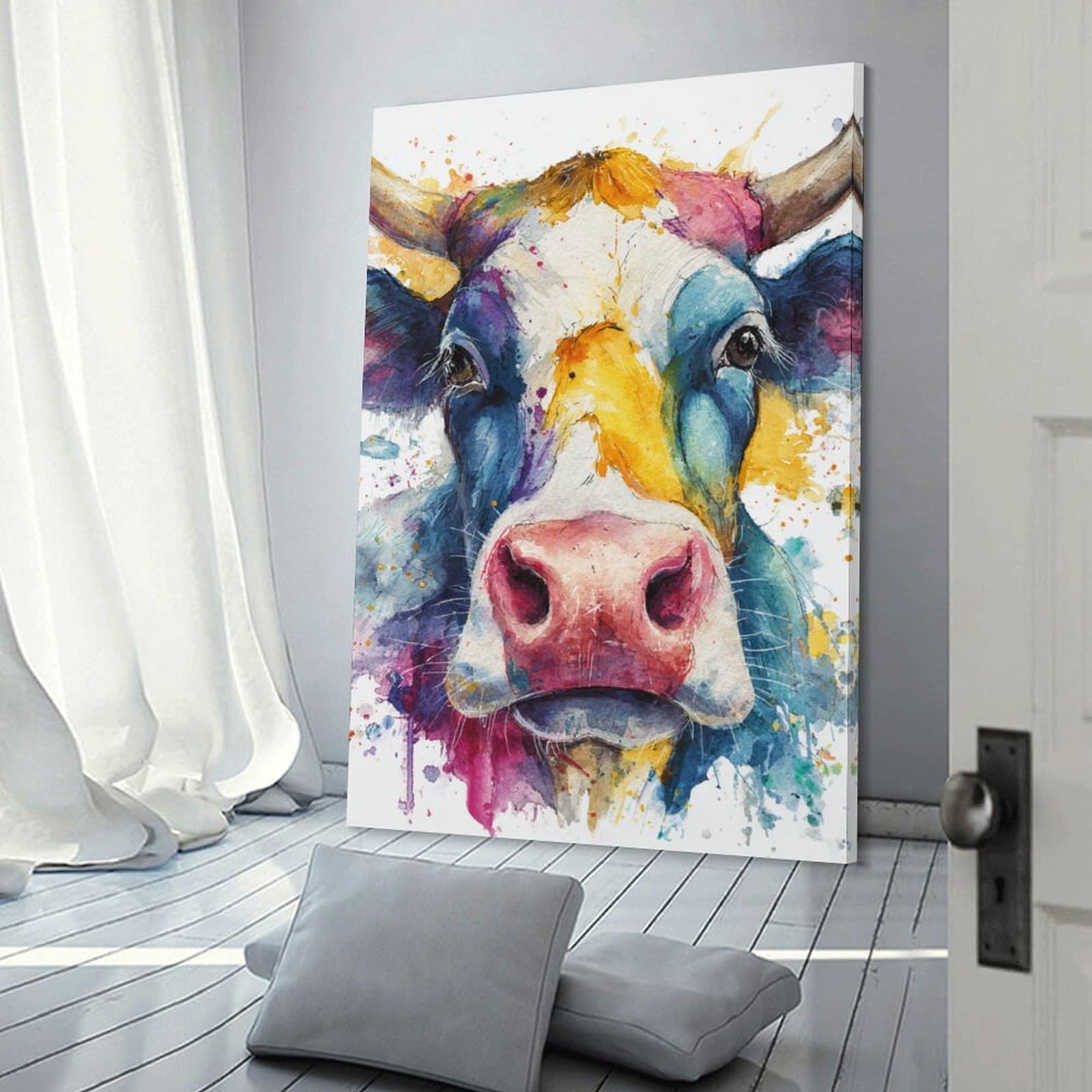 Junmoney Frame-Style-24-1 Canvas Art Print Colorful Cow Watercolor Print, 20X30inch(50X75cm), For Office, Study Or Home Workspace, Home Office Artwork With Decorative Appeal